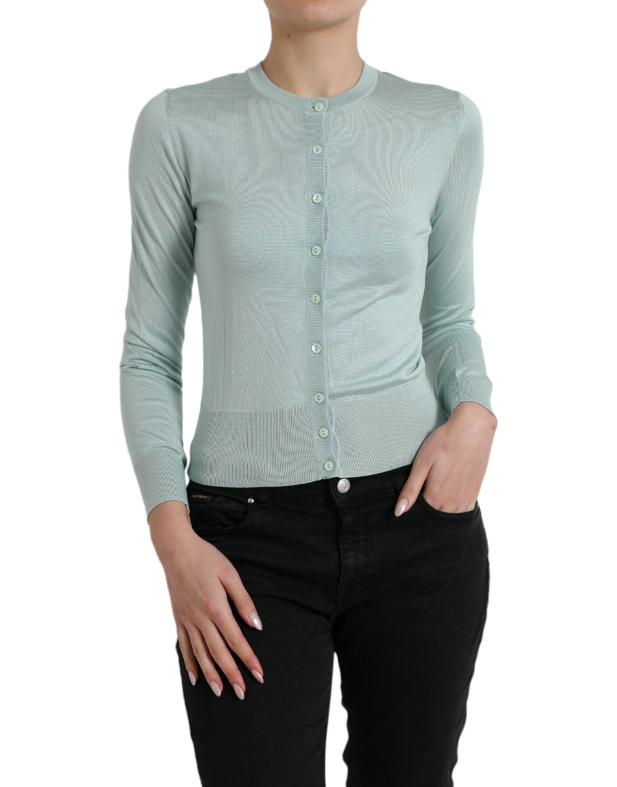 سترة كارديجان من دولتشي آند غابانا باللون الأزرق الفاتح من الحرير بياقة دائرية