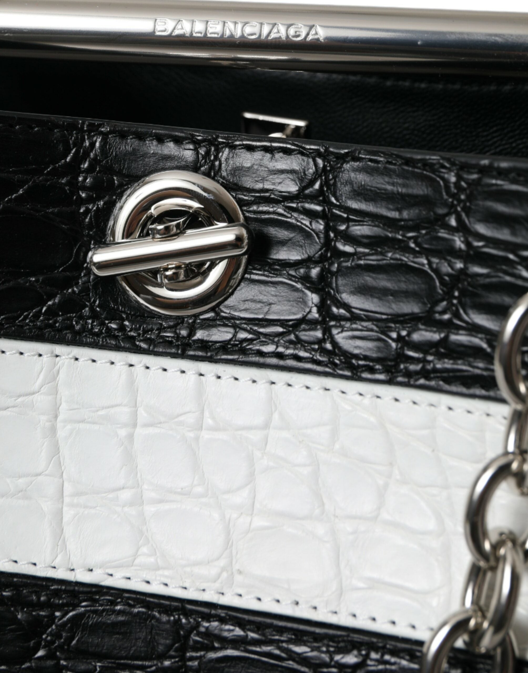 Balenciaga Black White Striped Exotic Skin Leather Maxi Bucket Tote Bag