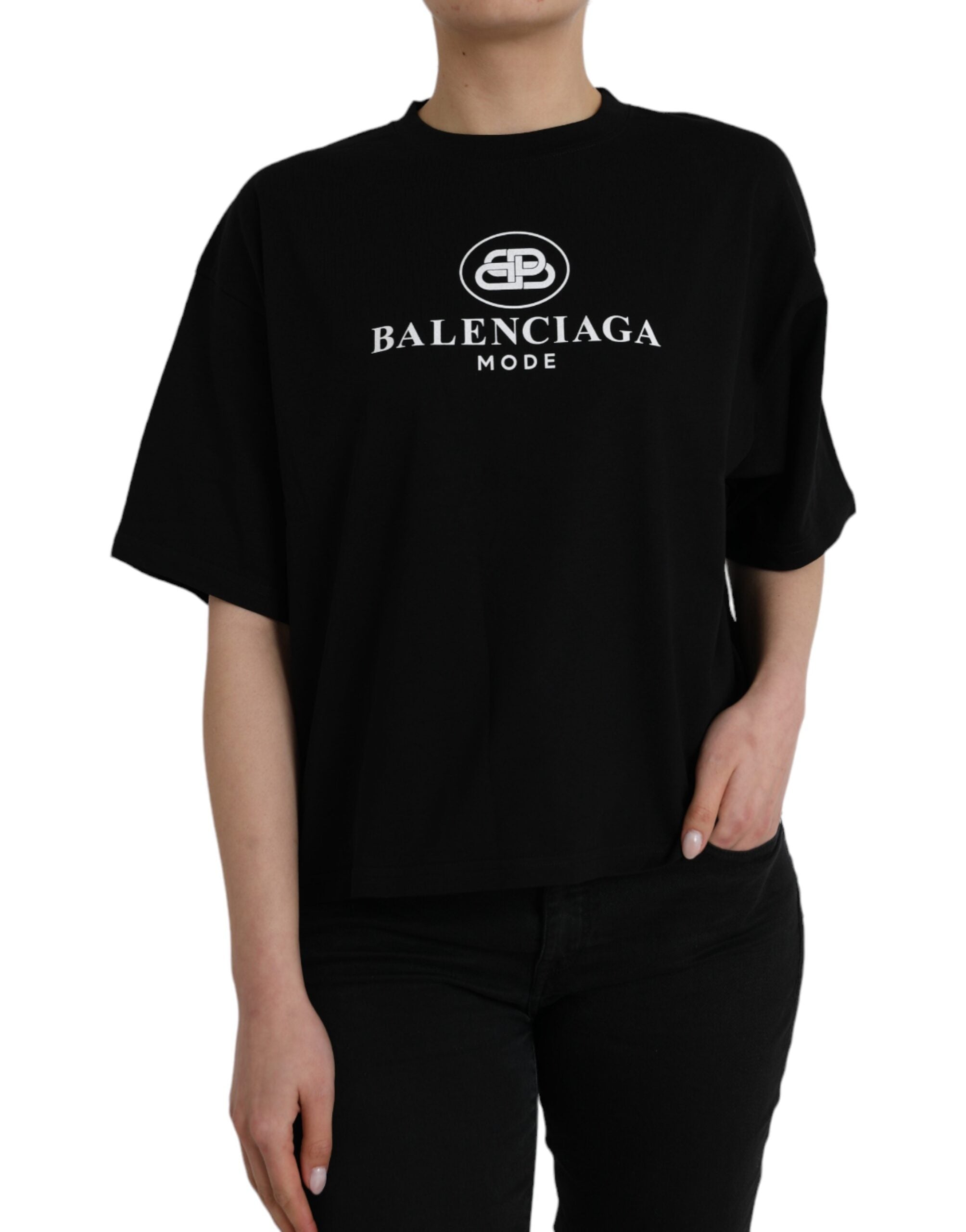 تي شيرت Balenciaga أسود من القطن بشعار الرقبة الدائرية والأكمام القصيرة