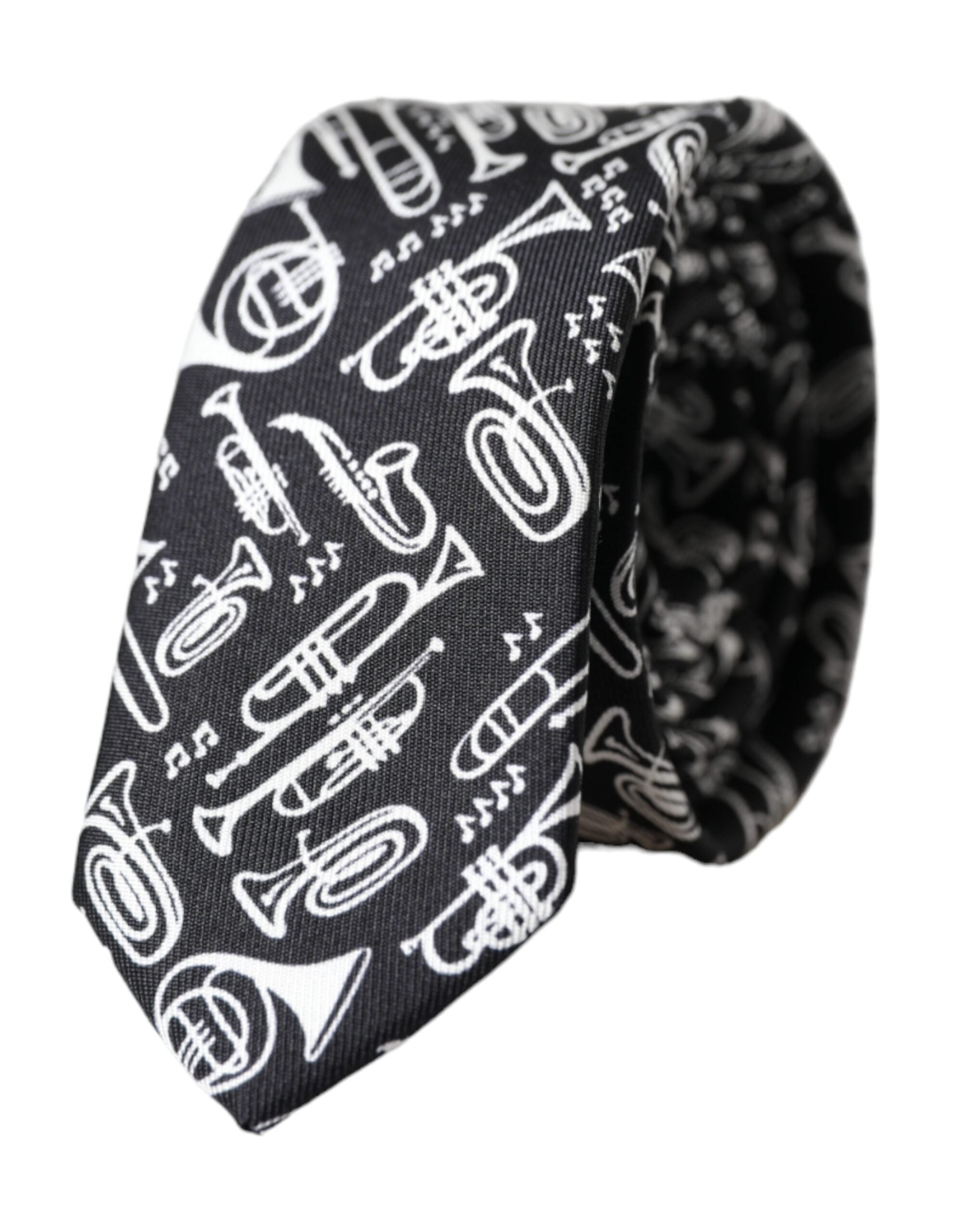 Dolce & Gabbana Black Trumpet Print Silk Adjustable Tie - Luxe Marca