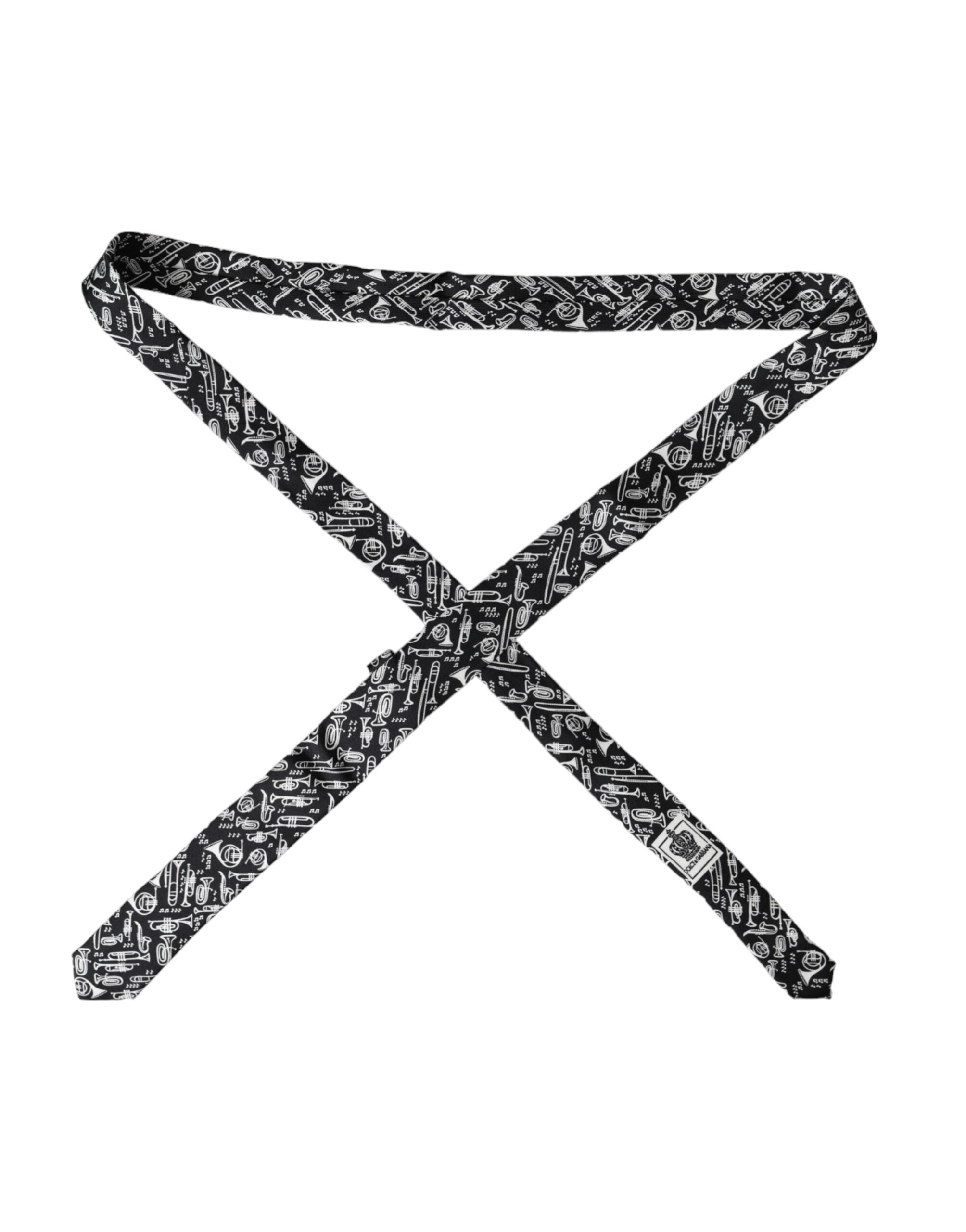 Dolce & Gabbana Black Trumpet Print Silk Adjustable Tie - Luxe Marca