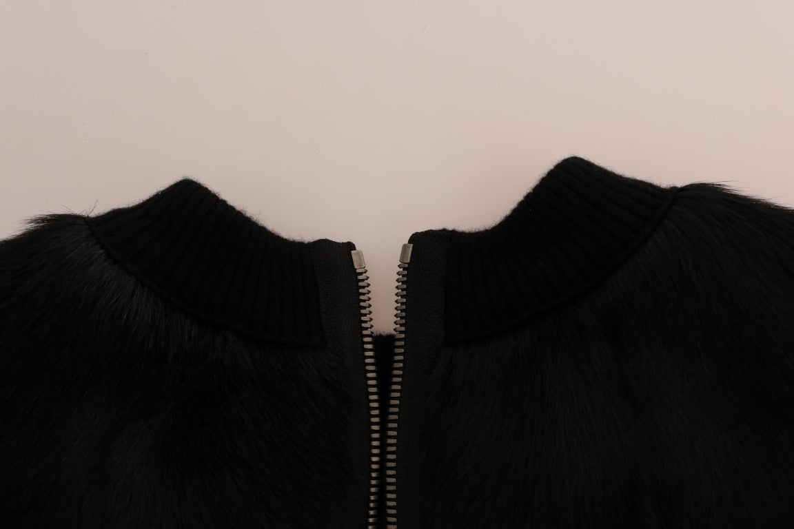 سترة دولتشي آند غابانا من الفرو الأسود المزهر بسحاب