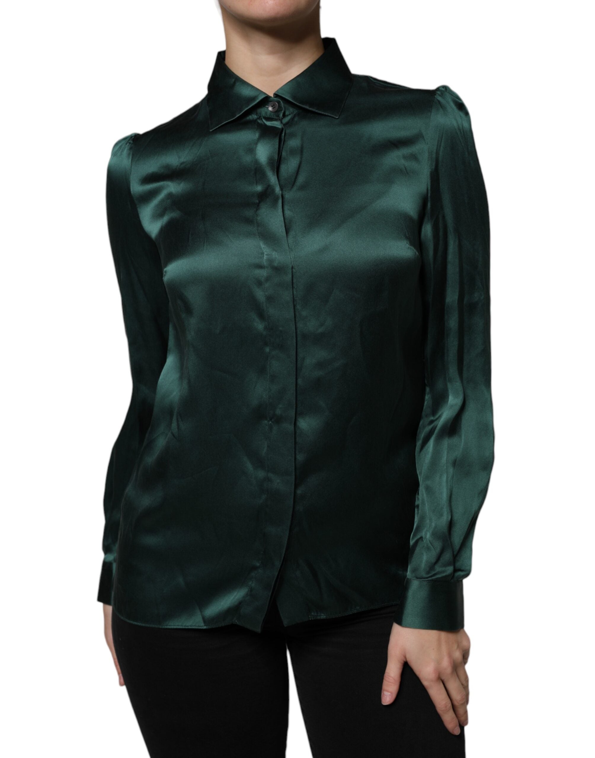 Dolce & Gabbana Dark Green Silk Button Down Long Sleeves Blouse Top - Luxe Marca