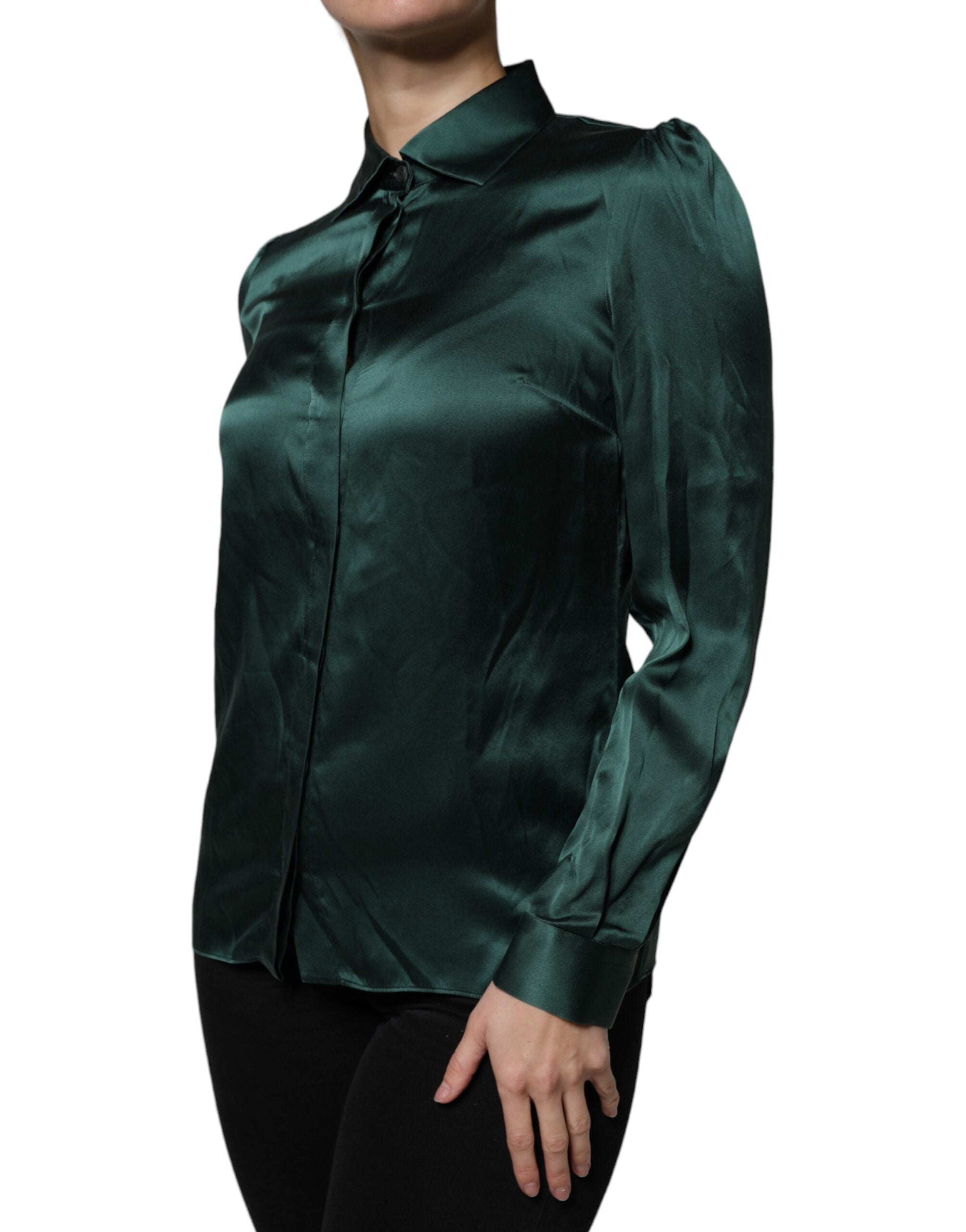 Dolce & Gabbana Dark Green Silk Button Down Long Sleeves Blouse Top - Luxe Marca