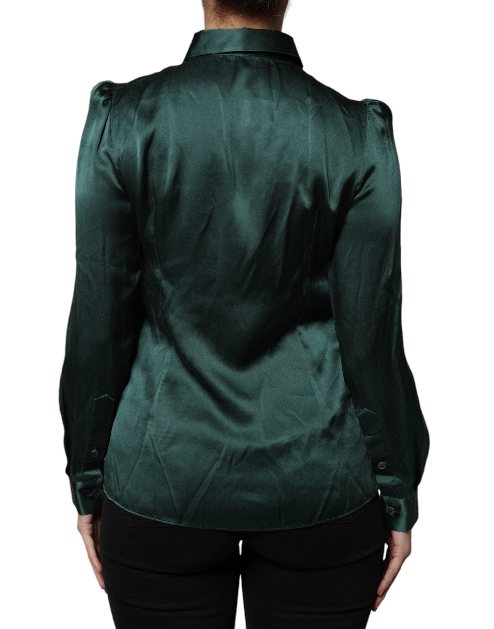 Dolce & Gabbana Dark Green Silk Button Down Long Sleeves Blouse Top - Luxe Marca