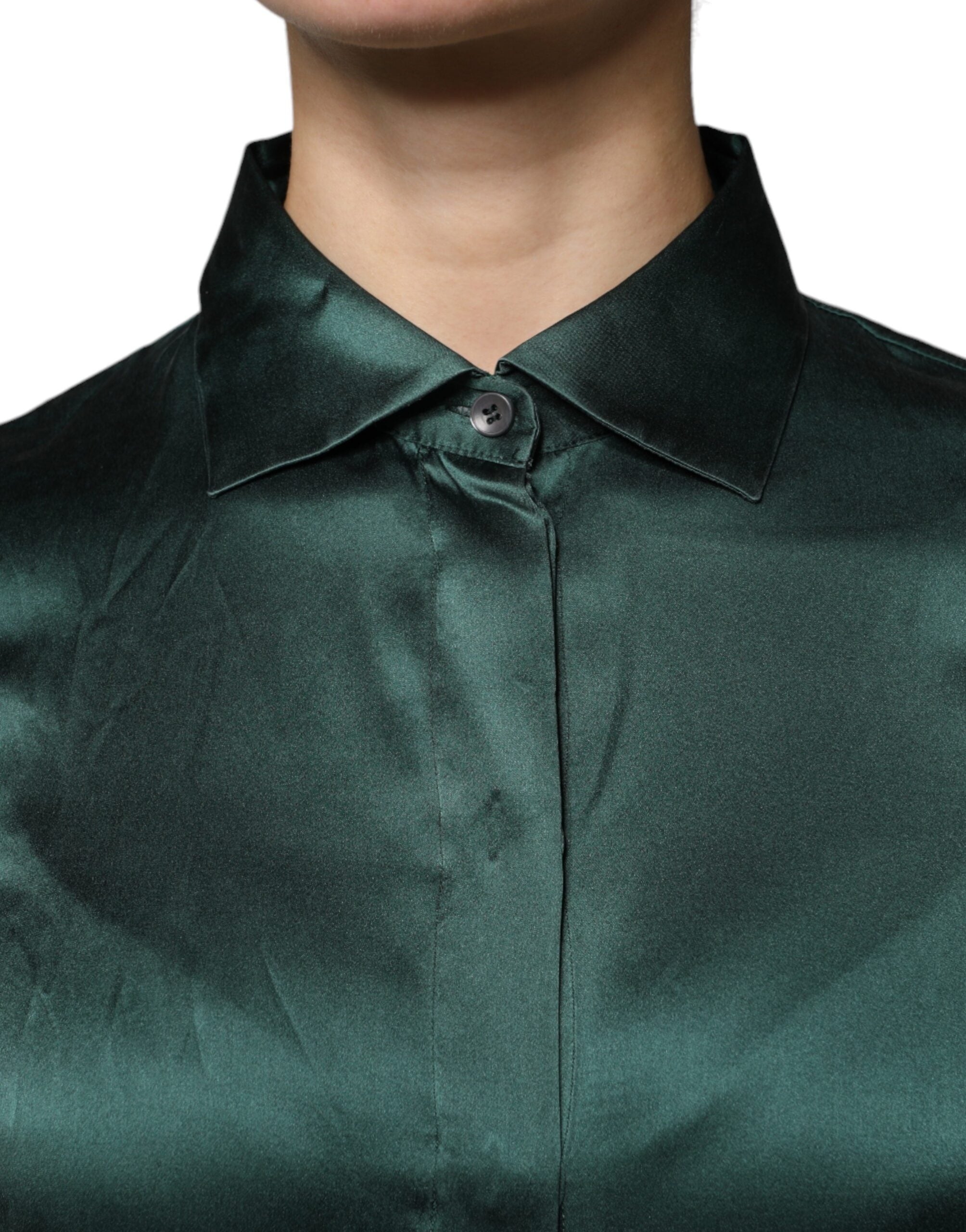 Dolce & Gabbana Dark Green Silk Button Down Long Sleeves Blouse Top - Luxe Marca