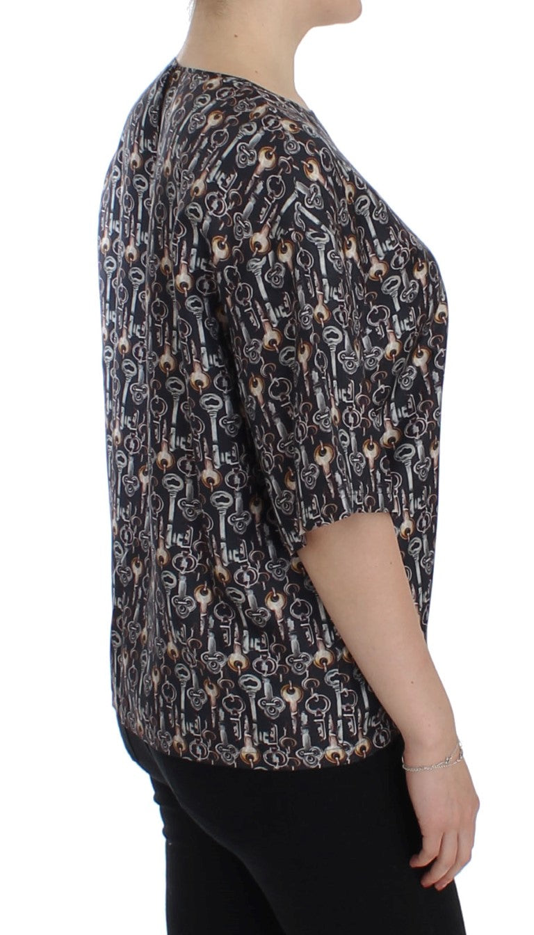 Dolce & Gabbana Gray Gold Key Print Silk Blouse T-shirt