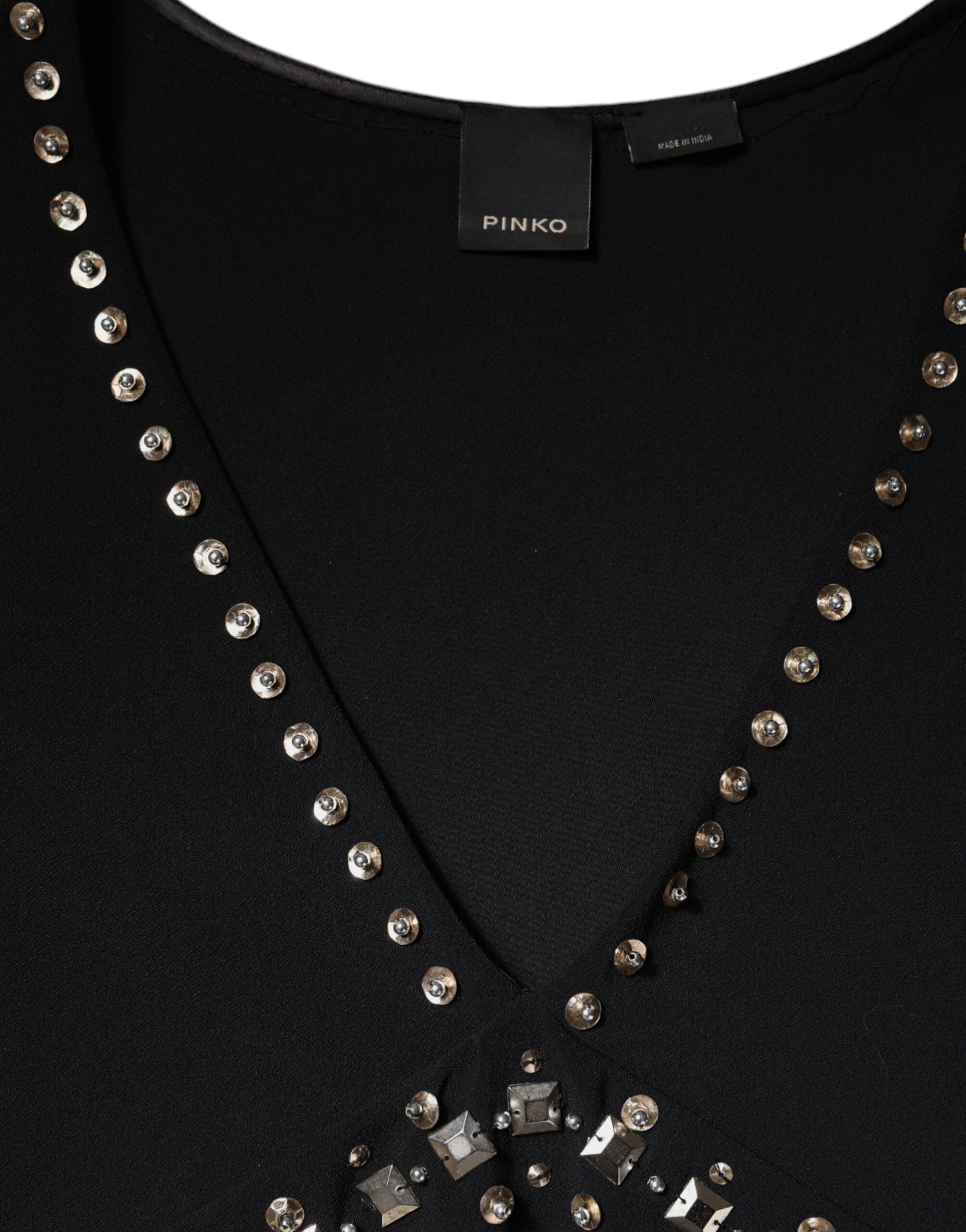 فستان قصير من PINKO أسود مزين بالبوليستر بدون أكمام بتصميم حرف A