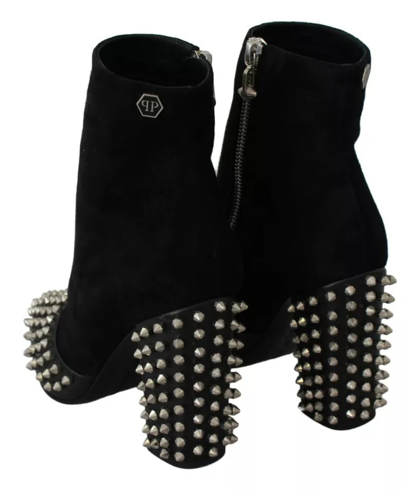 Philipp Plein Black Suede Studded Heels Ankle Boots Shoes