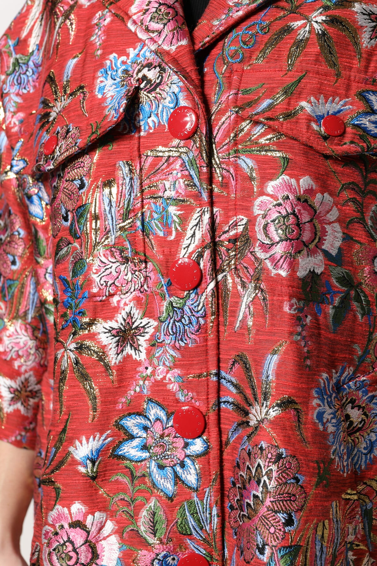 Dolce & Gabbana Red Floral Jacquard Button Down Coat Jacket