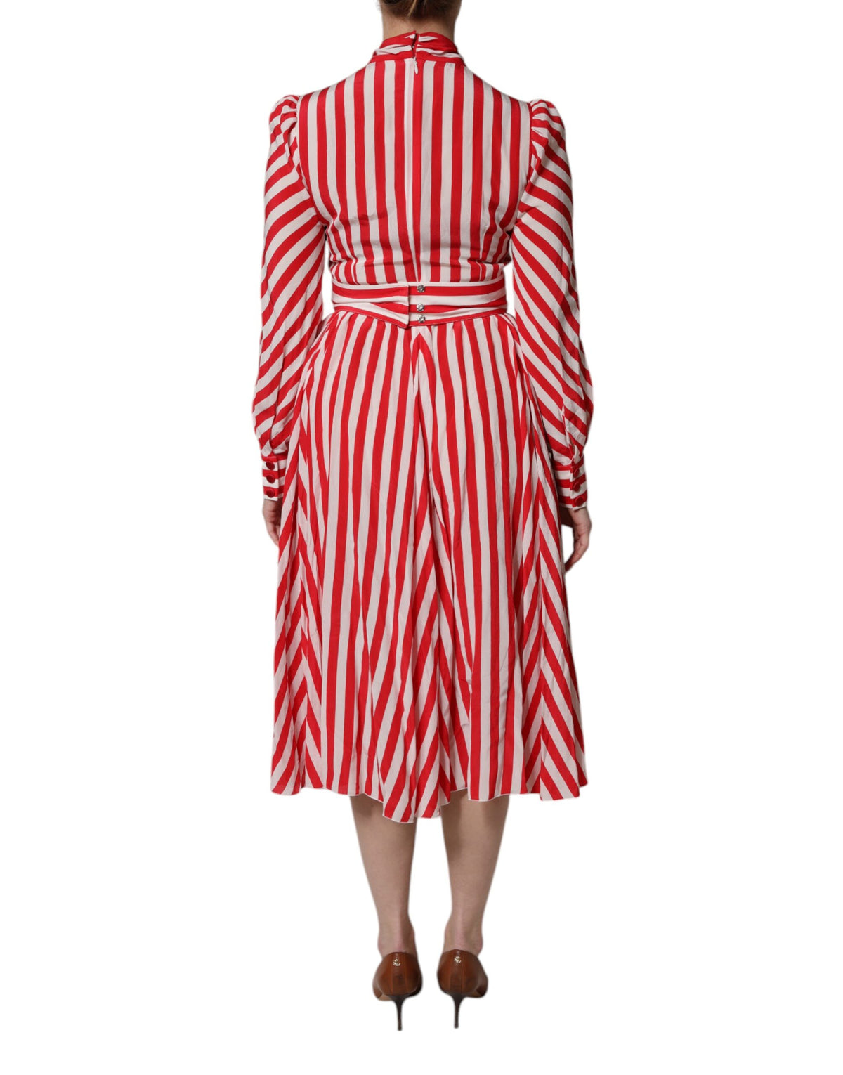 Dolce & Gabbana White Red Stripes Long Sleeves Midi Dress