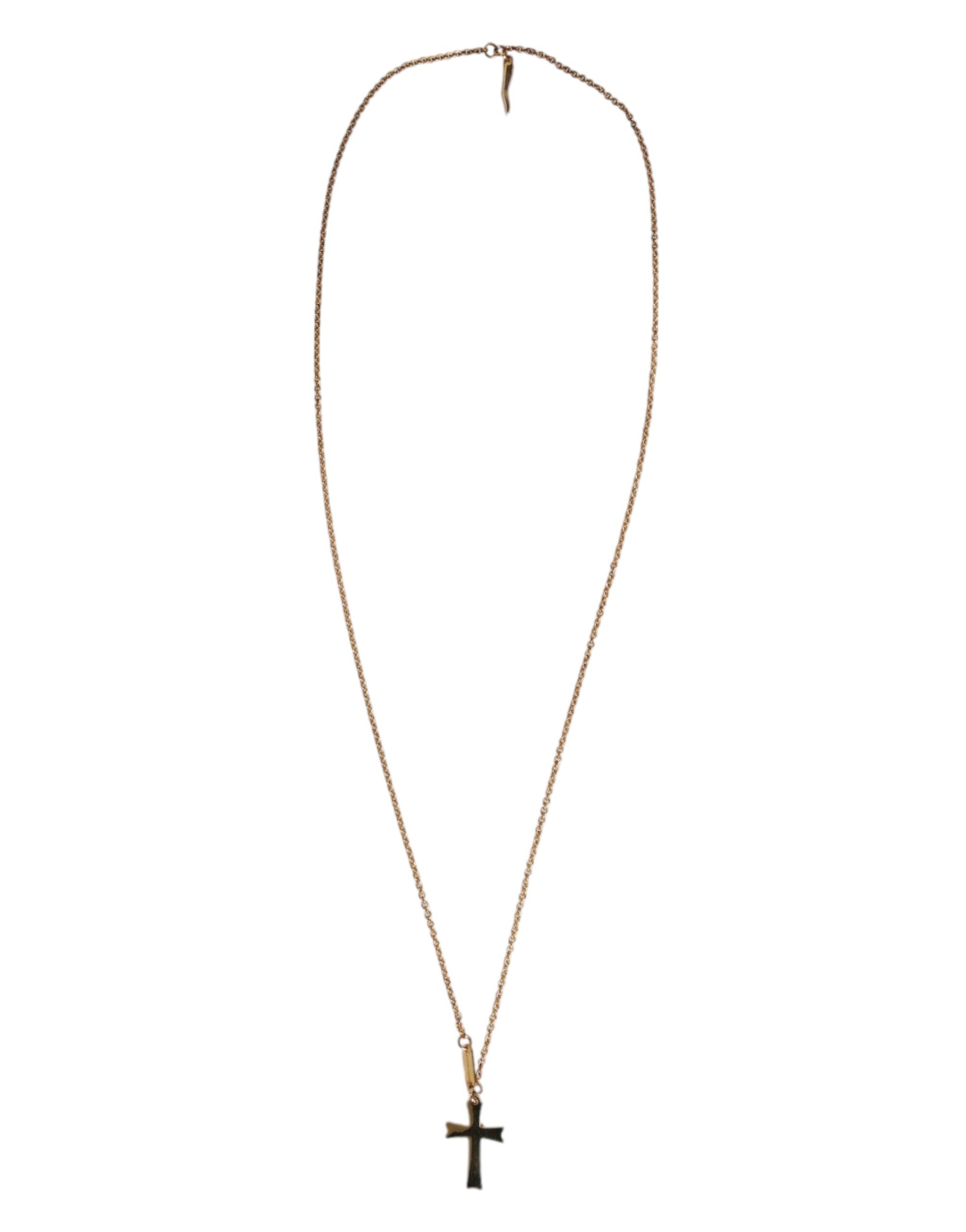 Gold Tone Brass Chain Religious Cross Pendant Necklace