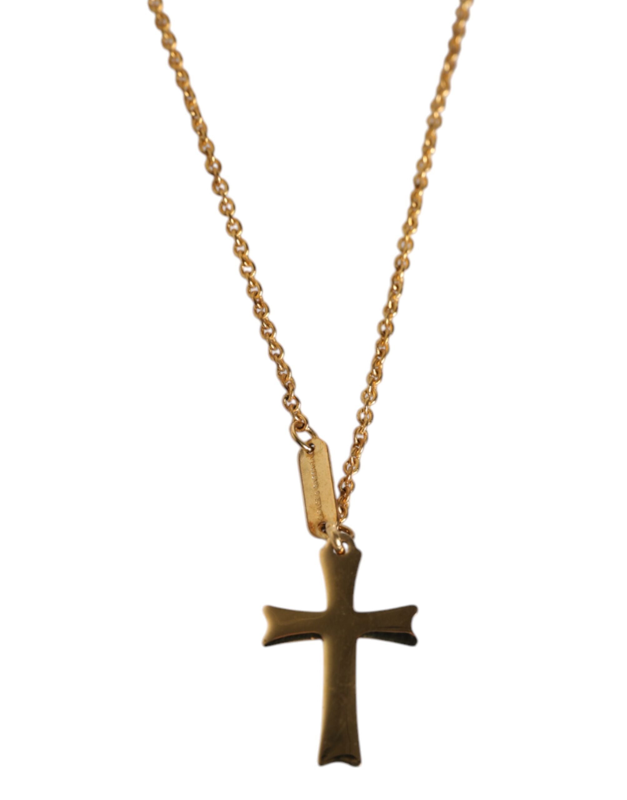 Gold Tone Brass Chain Religious Cross Pendant Necklace