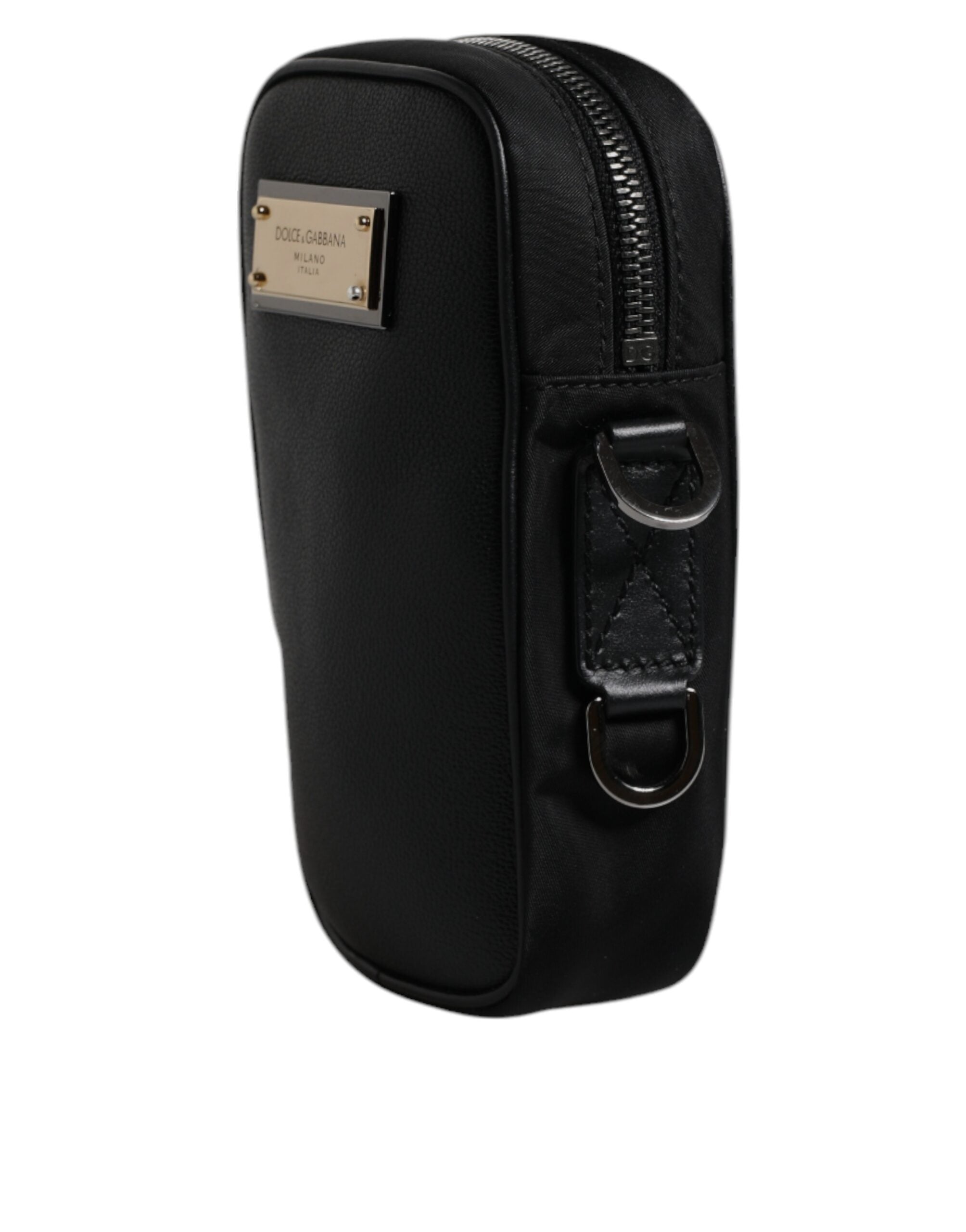 Black Nylon Leather Logo Plaque Crossbody Sling Bag