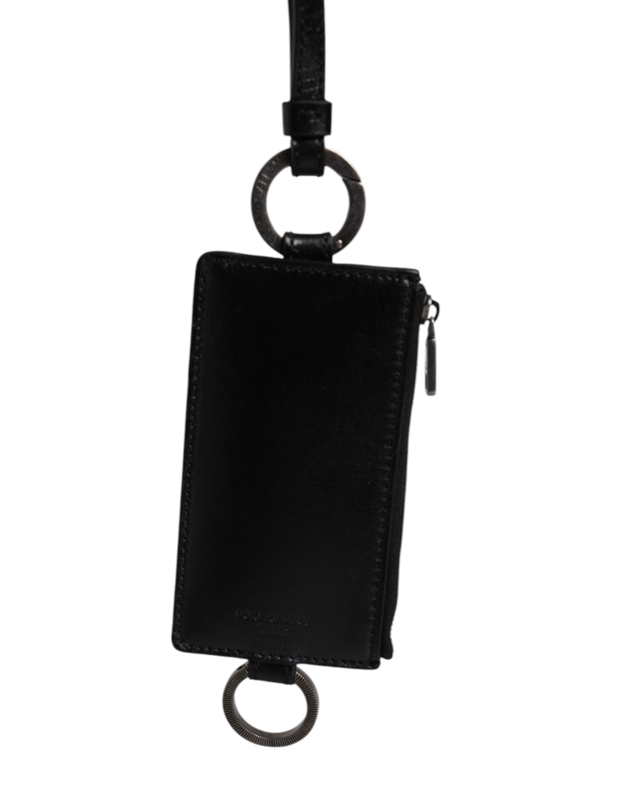Black Calf Leather Lanyard Logo Card Holder Wallet