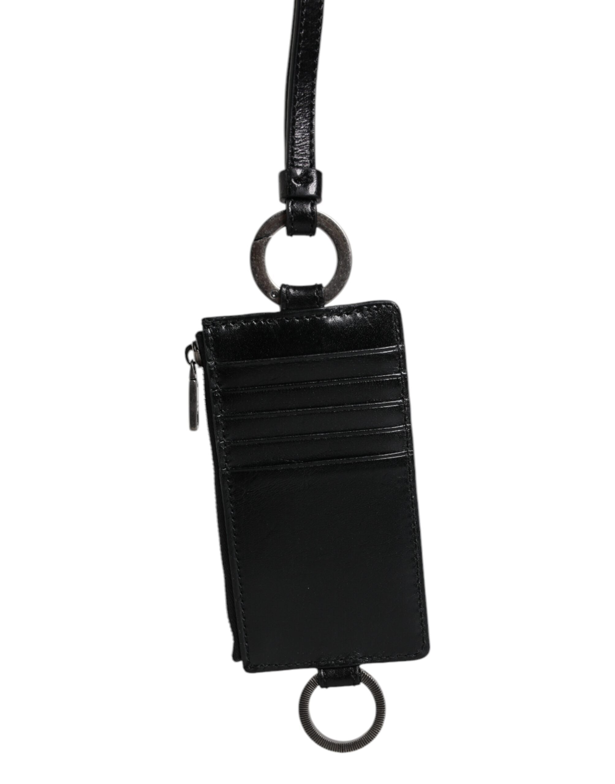 Black Calf Leather Lanyard Logo Card Holder Wallet