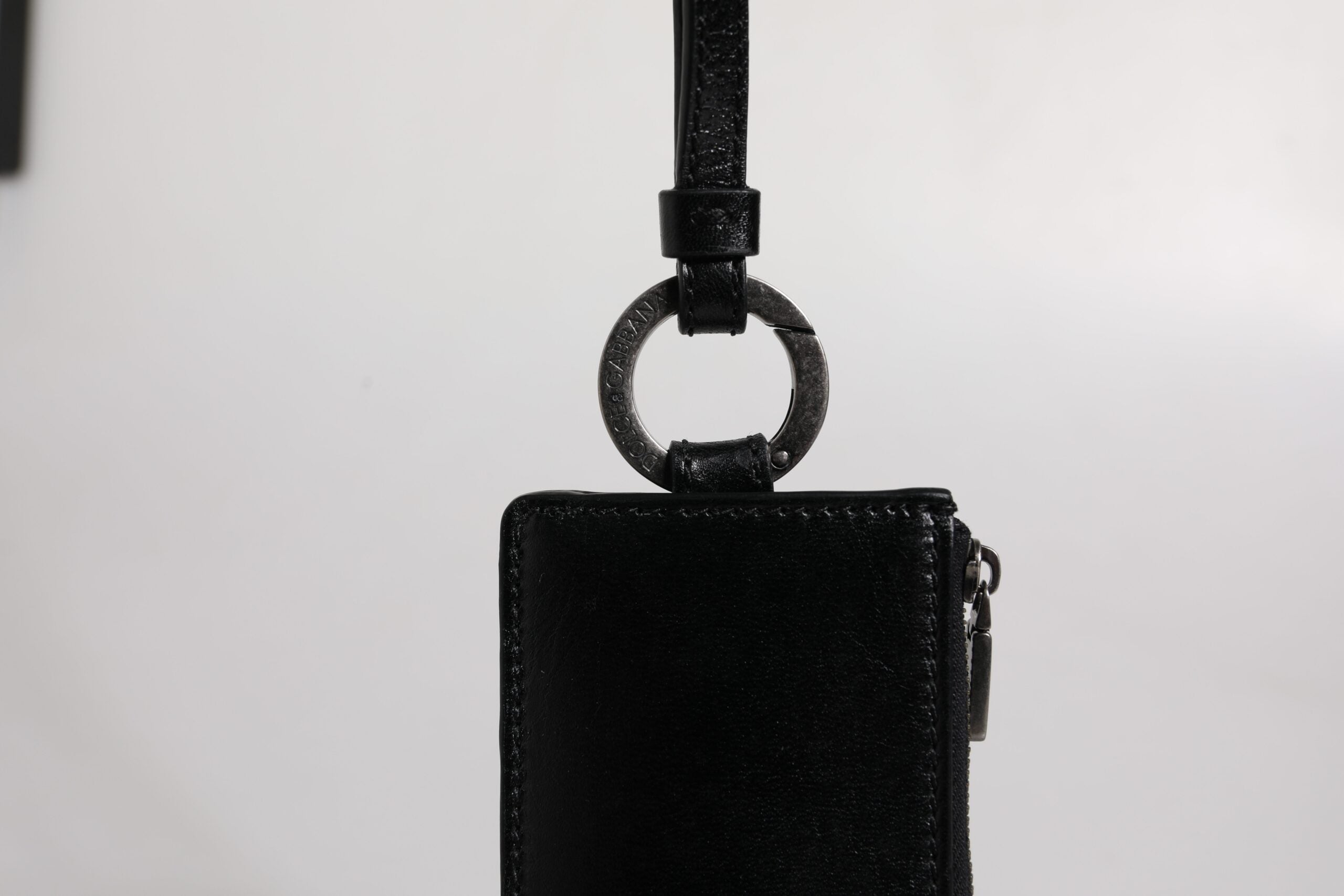 Black Calf Leather Lanyard Logo Card Holder Wallet
