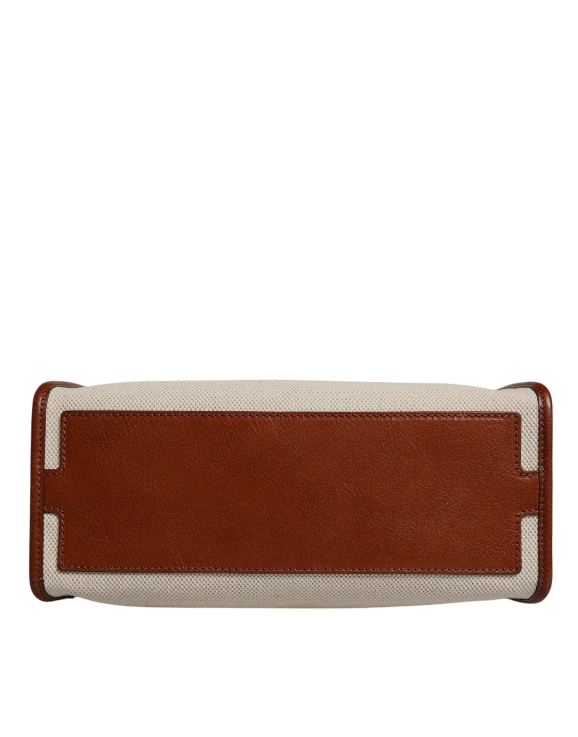 Beige Brown Cotton Leather Duffle Shoulder Bag