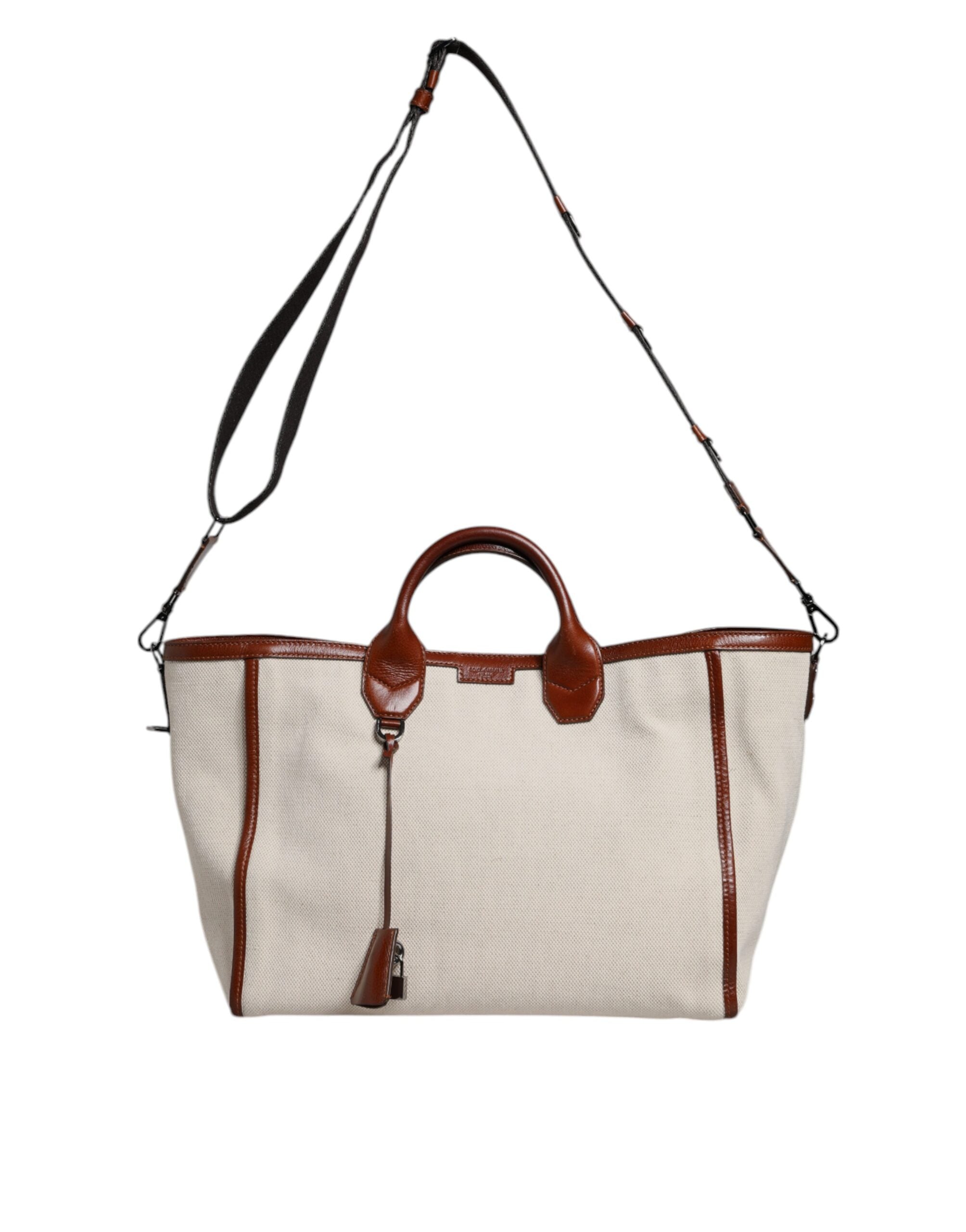 Beige Brown Cotton Leather Duffle Shoulder Bag