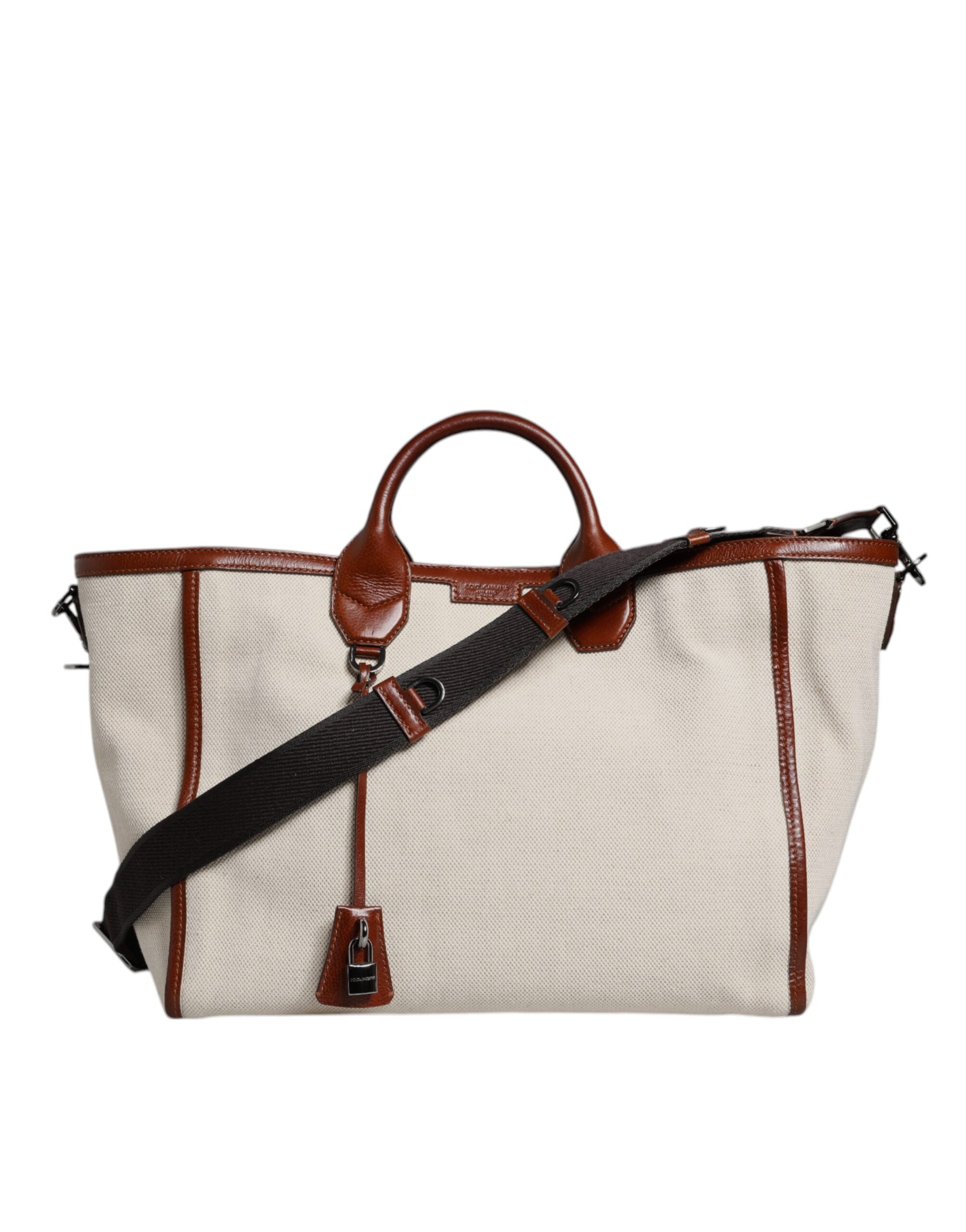 Beige Brown Cotton Leather Duffle Shoulder Bag