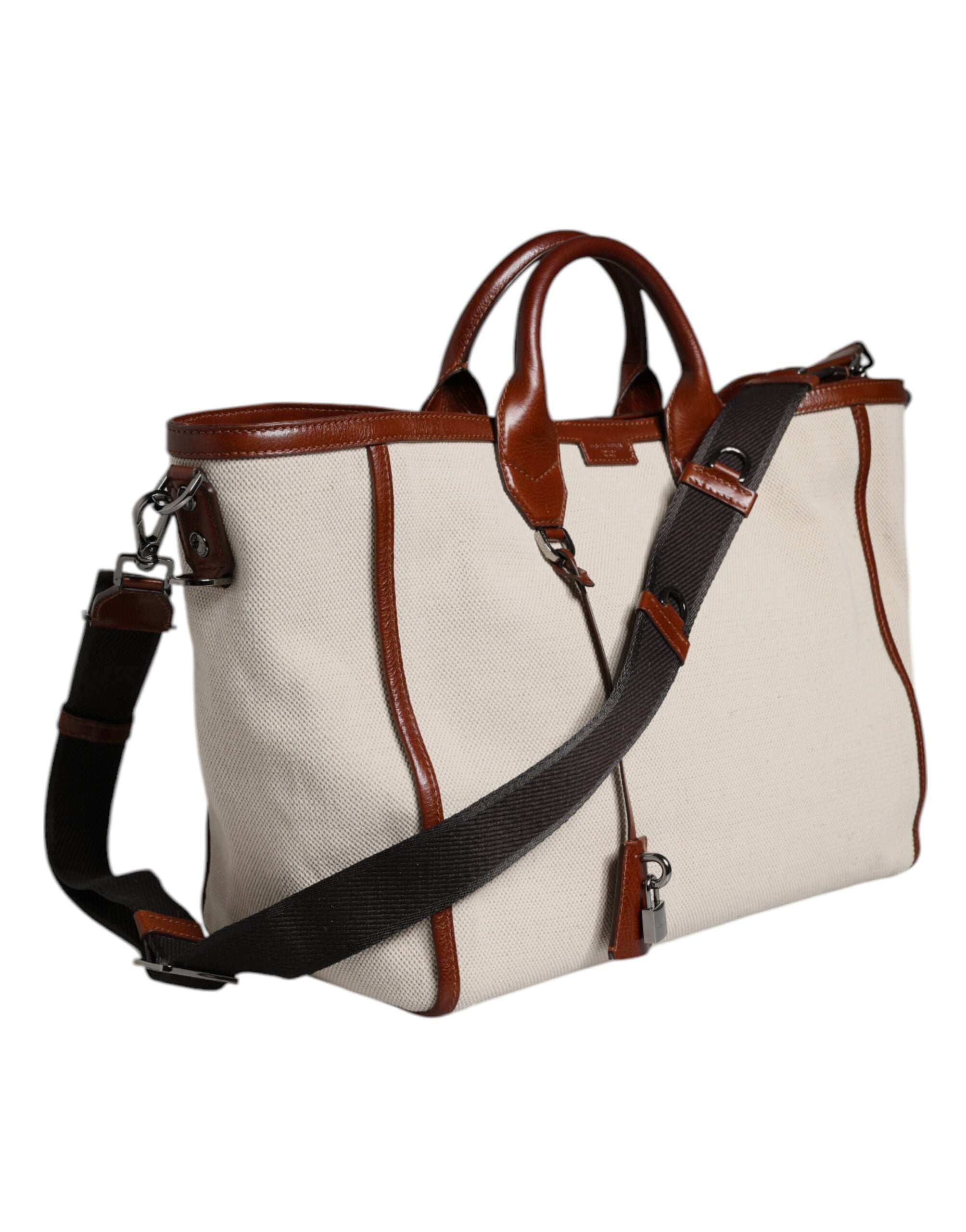 Beige Brown Cotton Leather Duffle Shoulder Bag