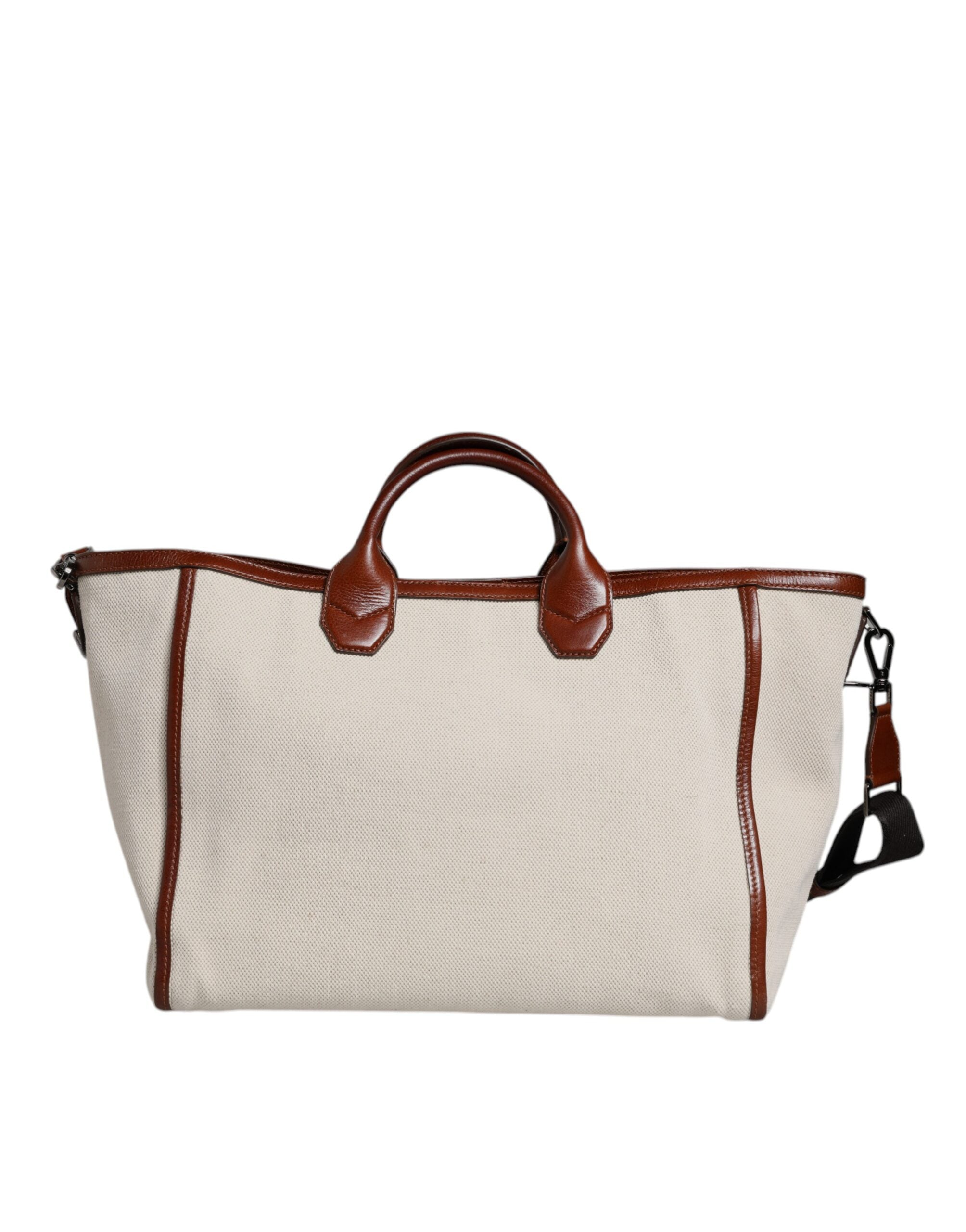 Beige Brown Cotton Leather Duffle Shoulder Bag