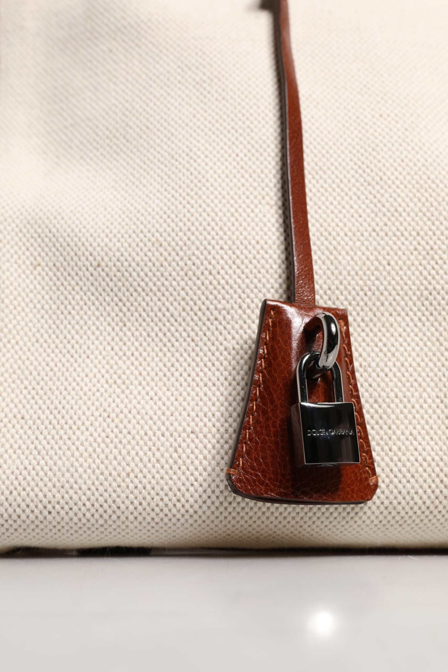 Beige Brown Cotton Leather Duffle Shoulder Bag