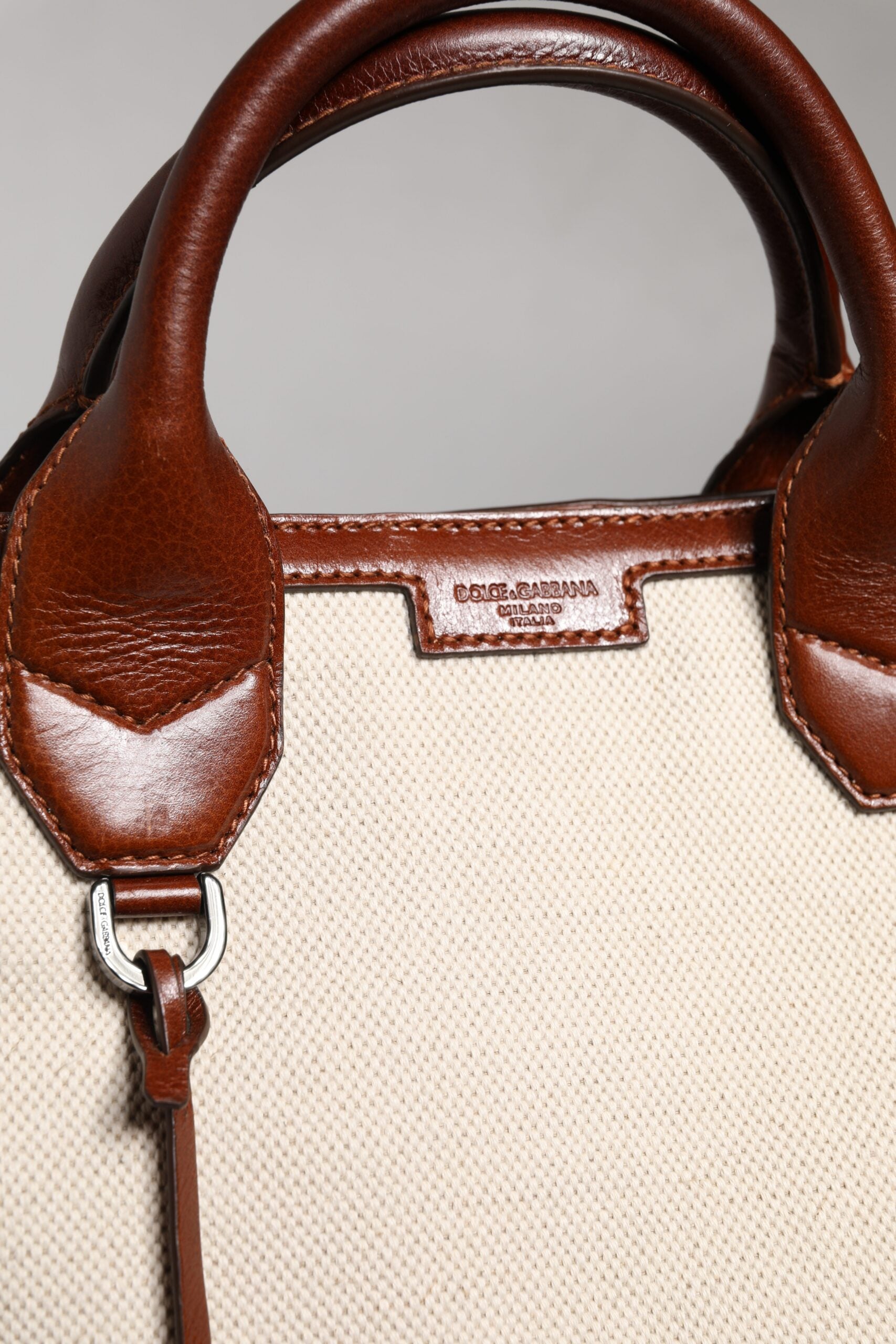 Beige Brown Cotton Leather Duffle Shoulder Bag