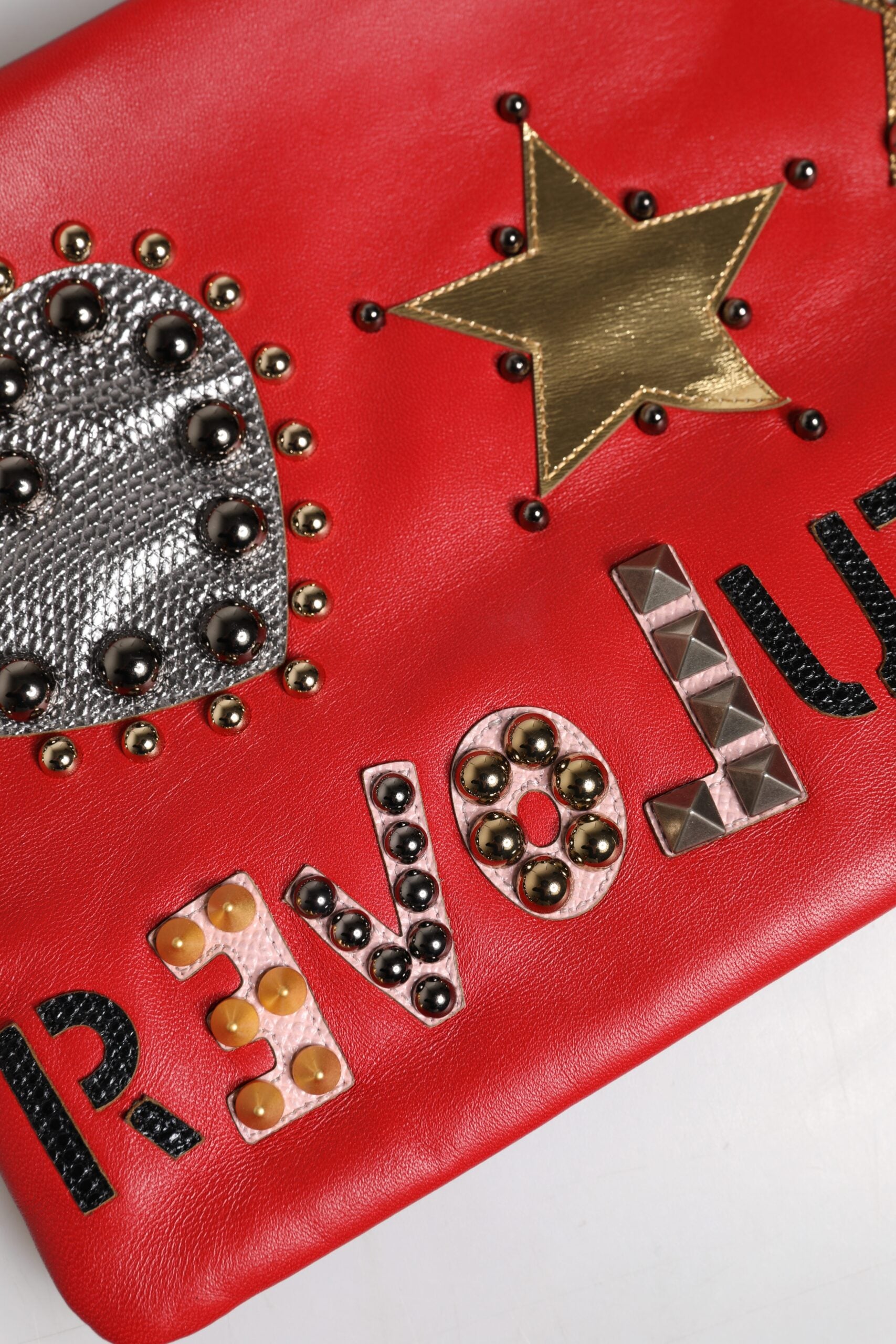 Red Revolutions Embellished Leather Clutch Bag