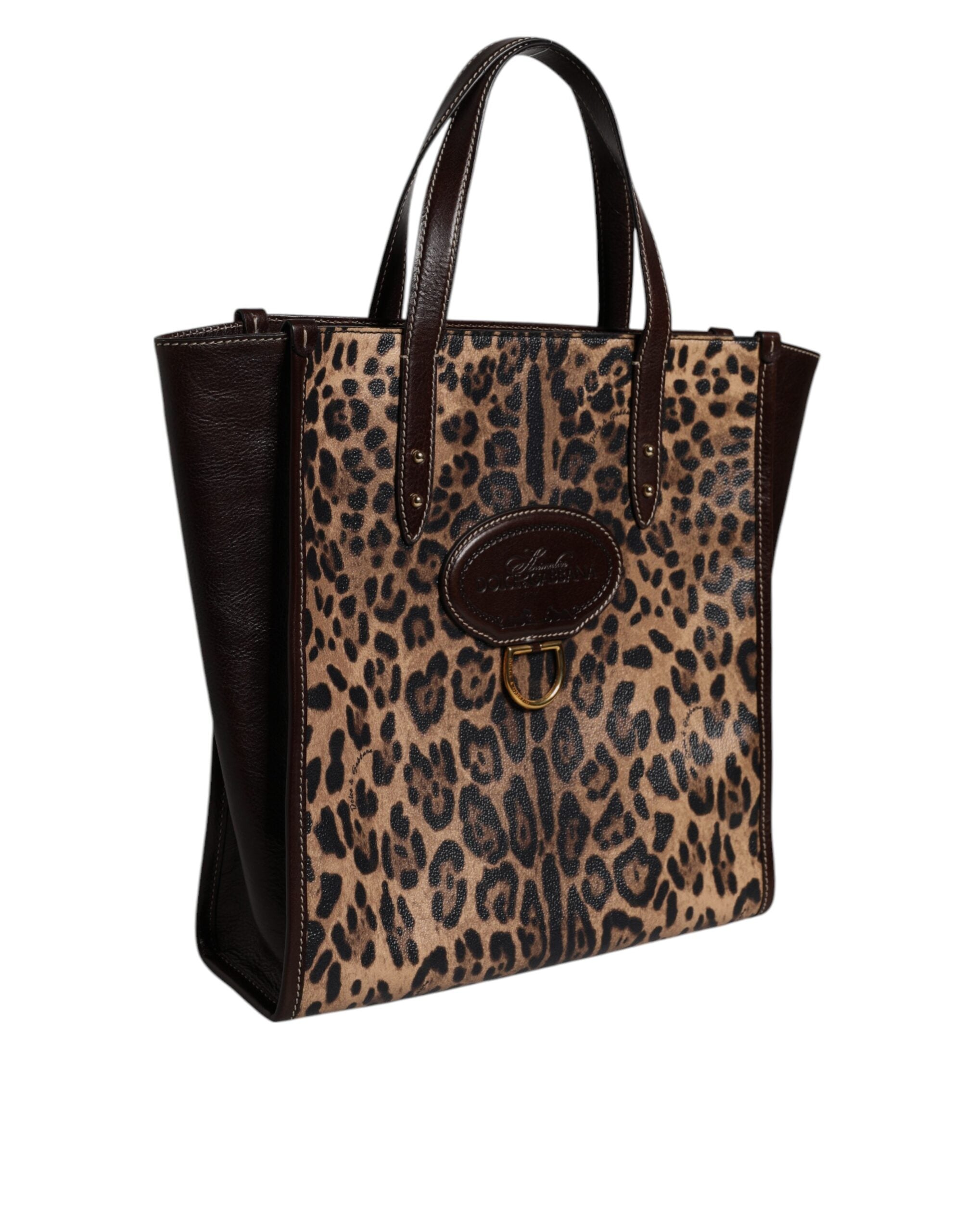 Brown Leopard Leather Shoulder Strap Tote Bag
