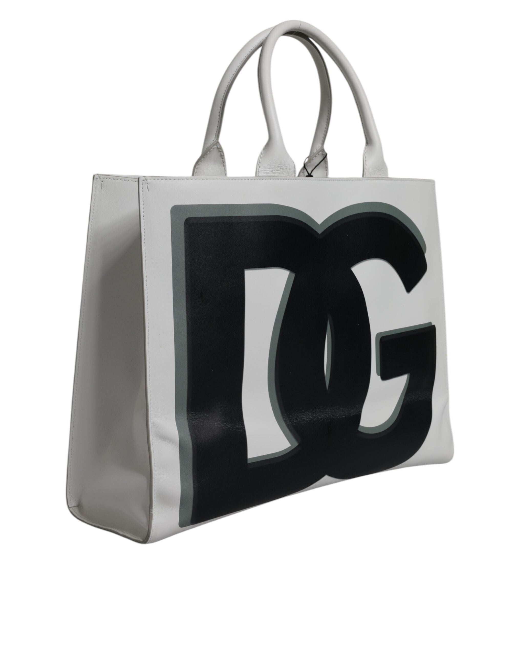 White Logo Print DG Daily Calfskin Shopping Tote Bag