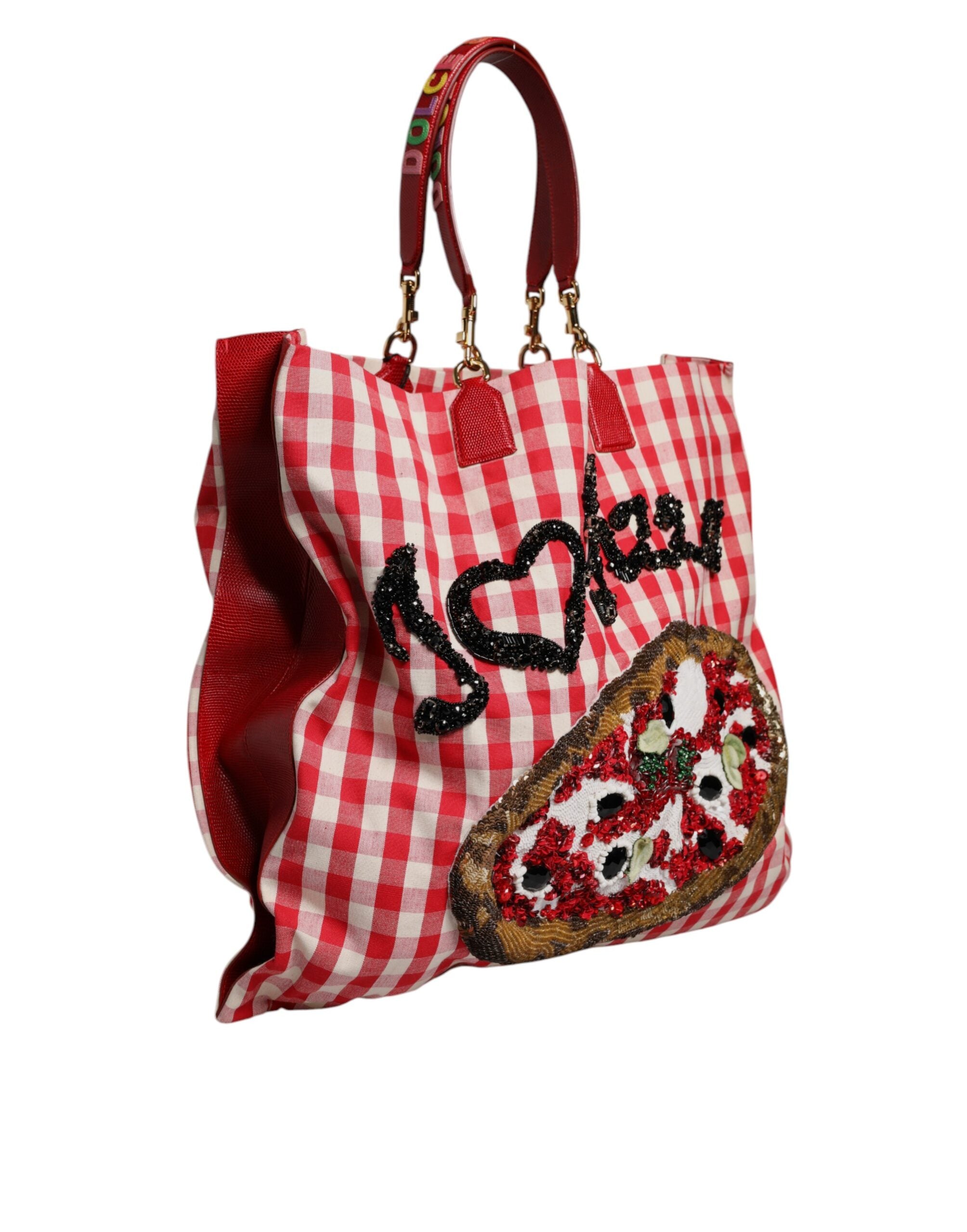 Red Checkered Embellished Shopping Tote Cotton Bag