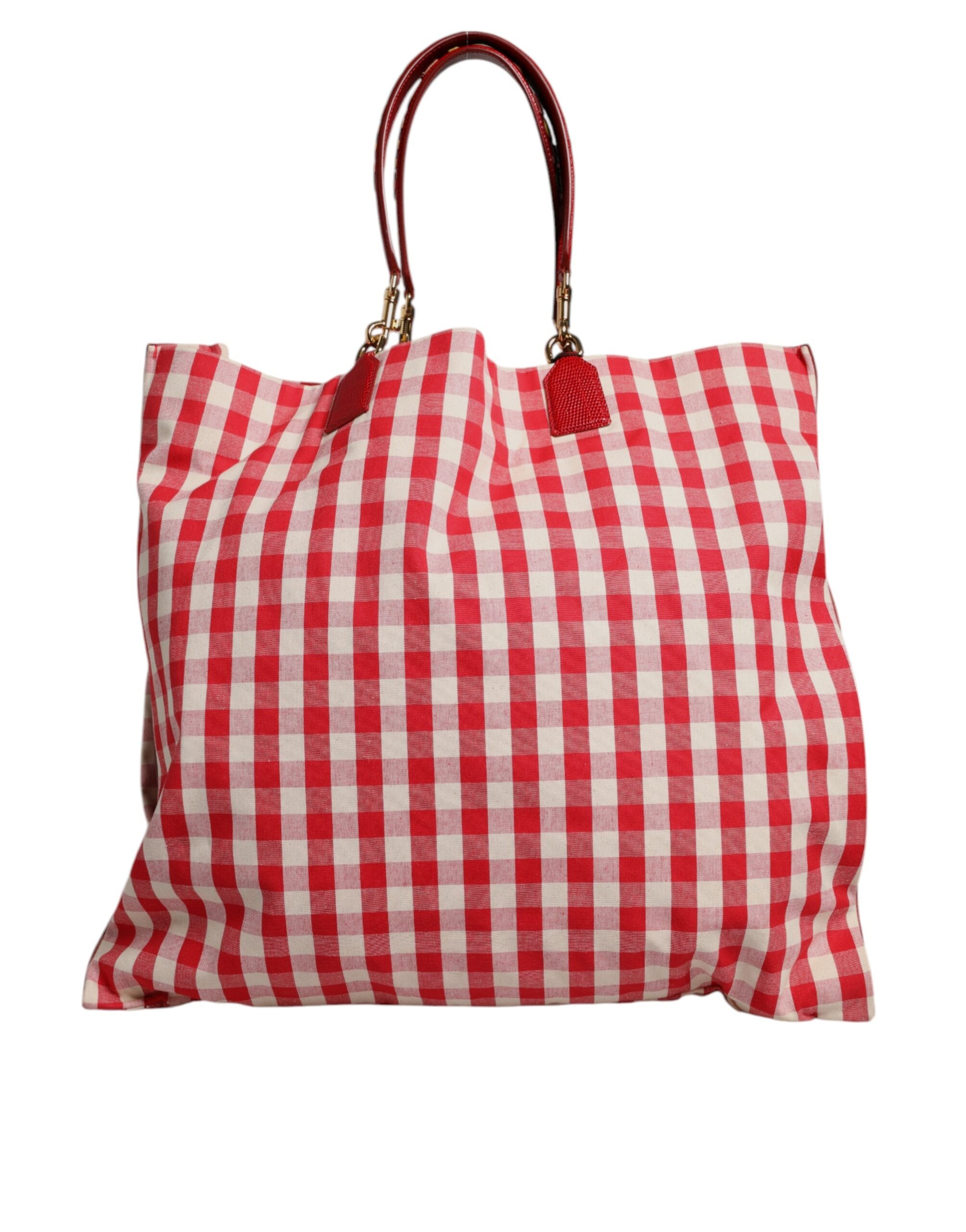 Red Checkered Embellished Shopping Tote Cotton Bag