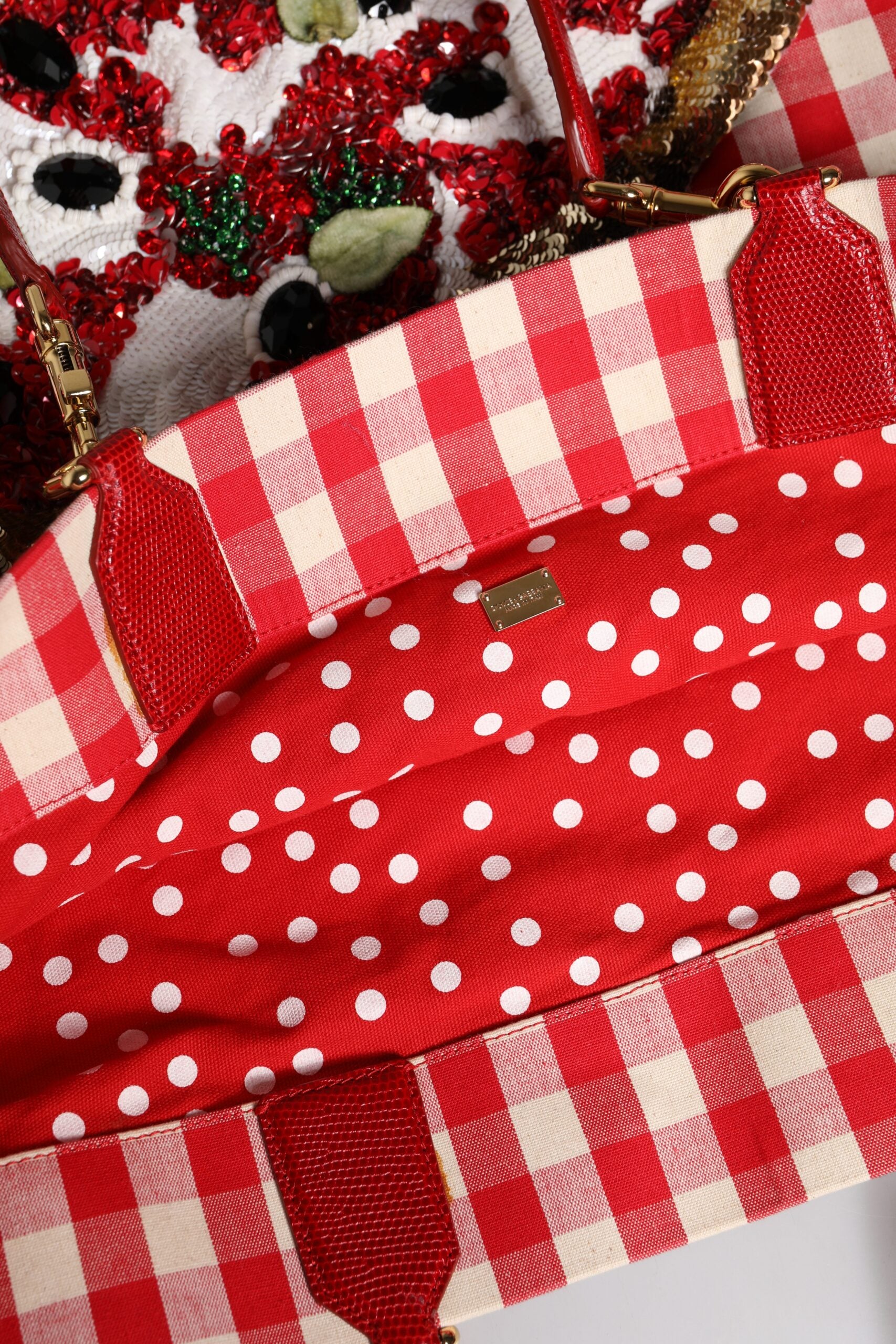 Red Checkered Embellished Shopping Tote Cotton Bag