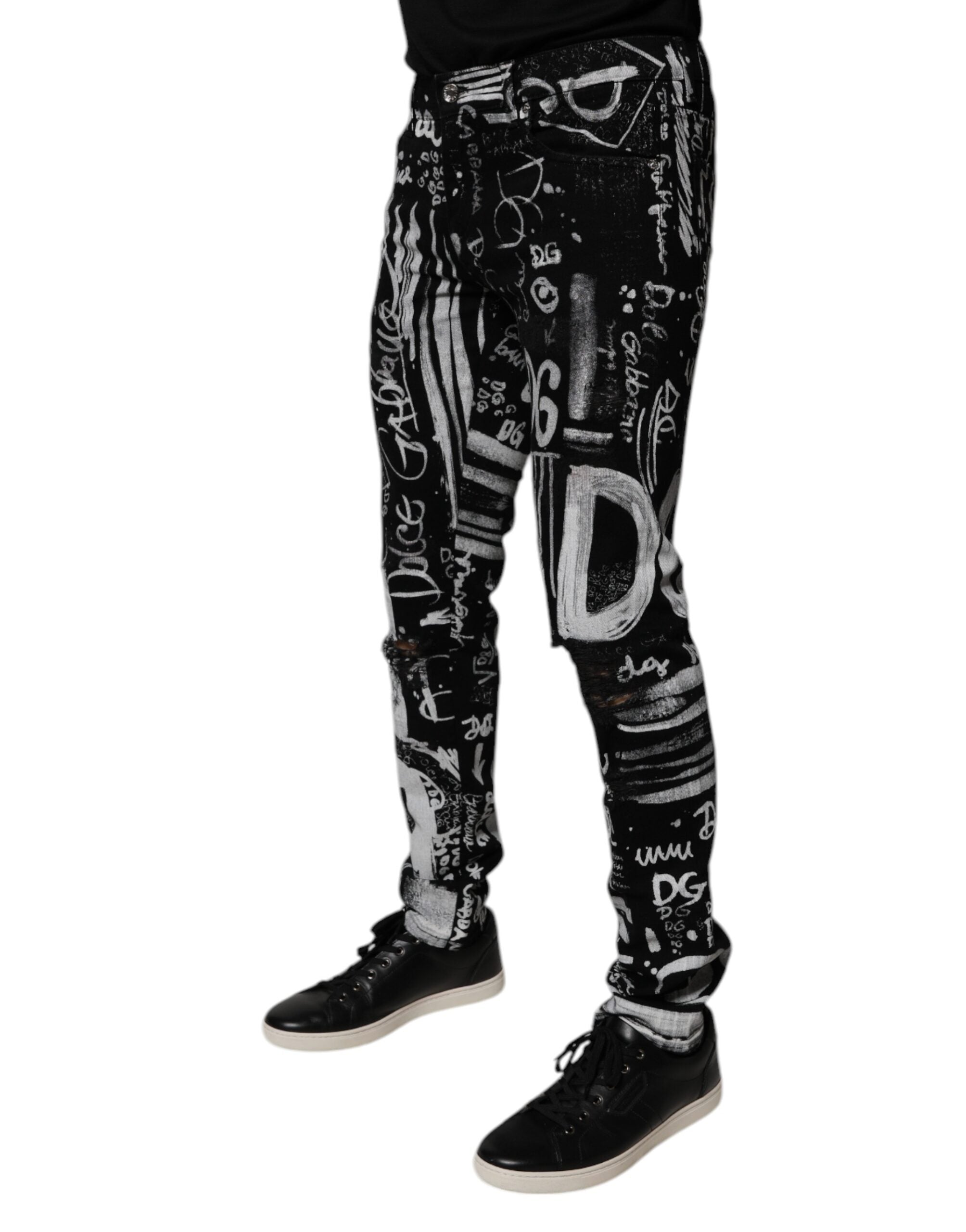 Black Cotton Logo Print Skinny Denim Jeans