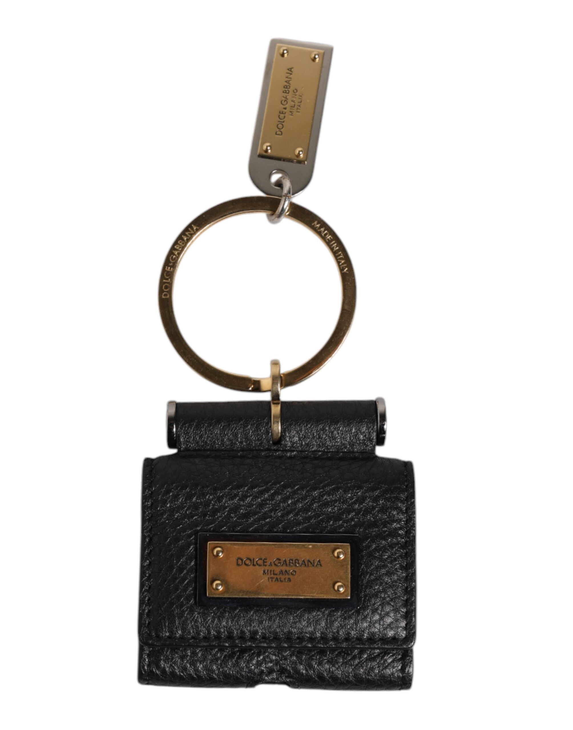 حافظة سماعات Airpods من دولتشي آند غابانا، بحزام جلدي أسود، ولوحة معدنية ذهبية بشعار دولتشي آند غابانا