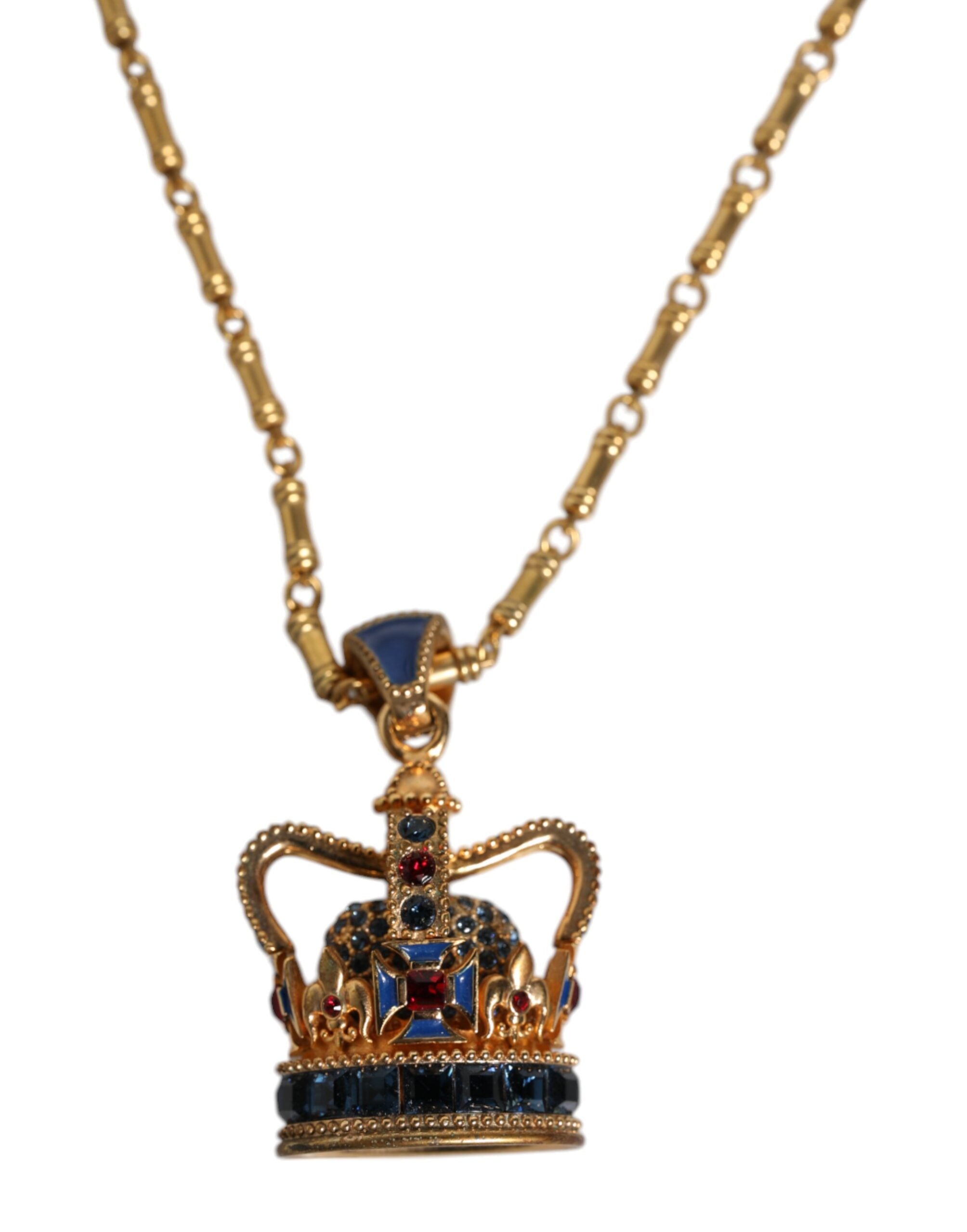 Gold Tone Chain Brass Crystal Crown Pendant Necklace