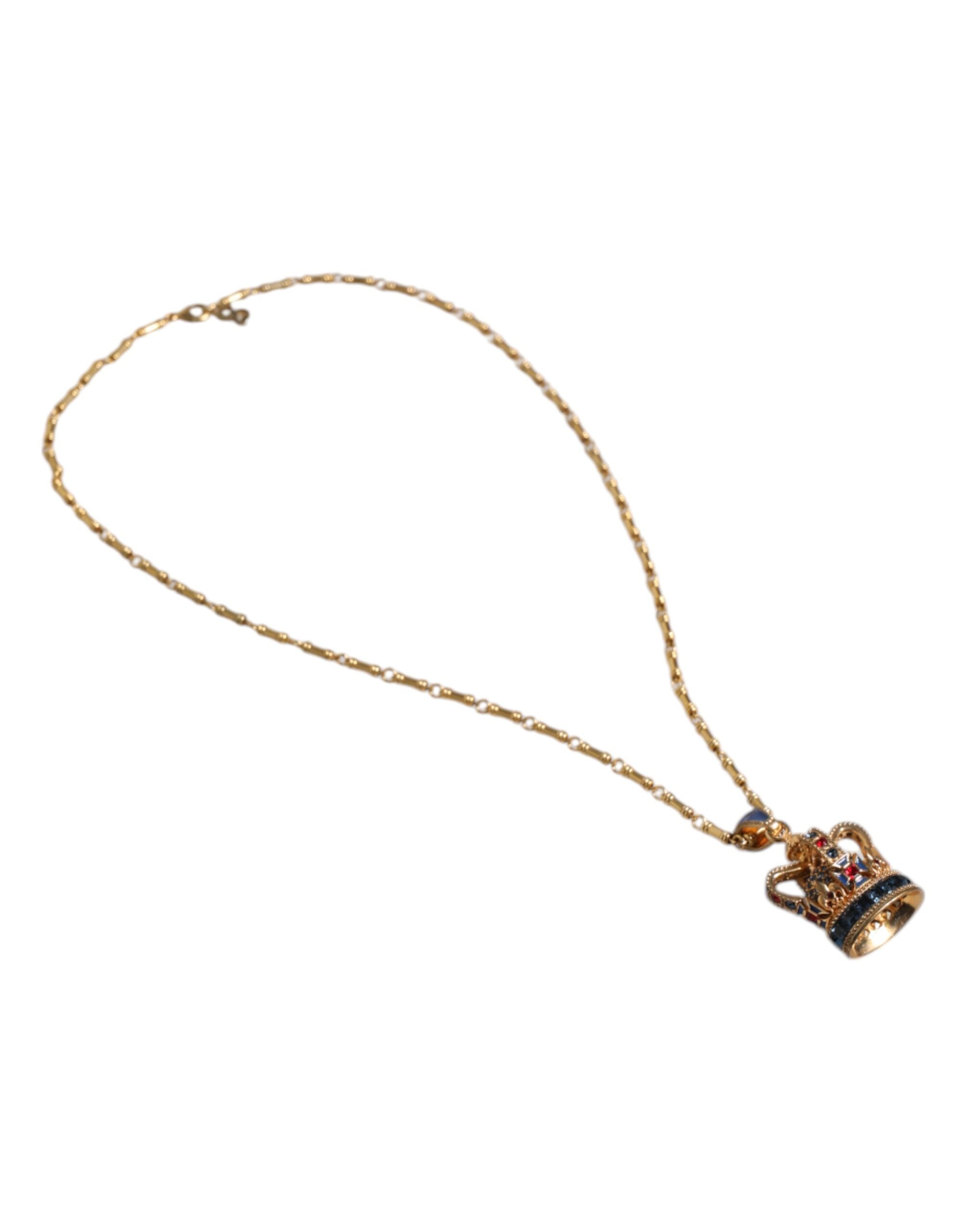 Gold Tone Chain Brass Crystal Crown Pendant Necklace