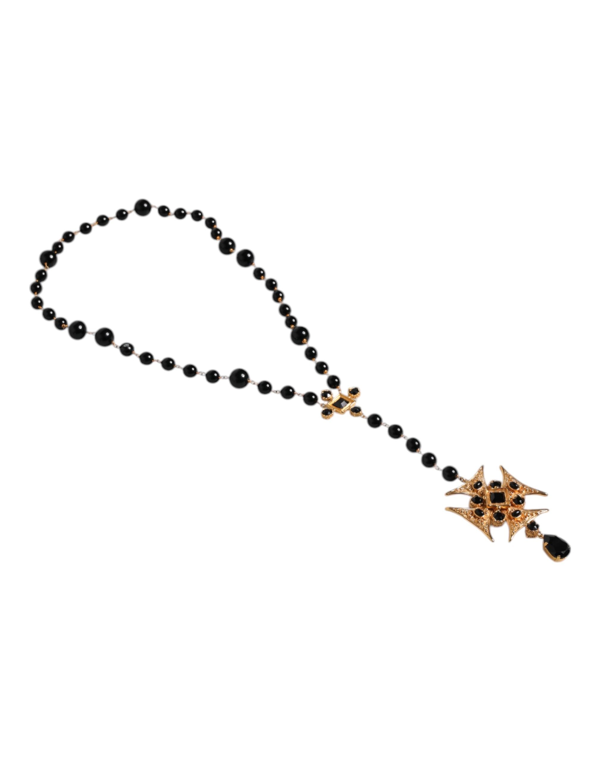Gold Brass Black Beaded Chain Rosary Pendant Necklace