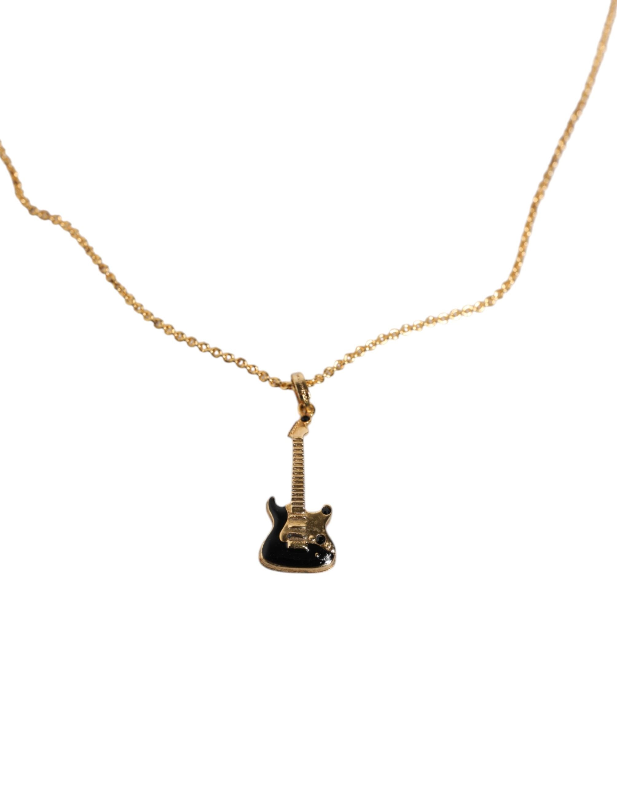 Gold Tone Chain Brass Crystal Guitar Pendant Necklace