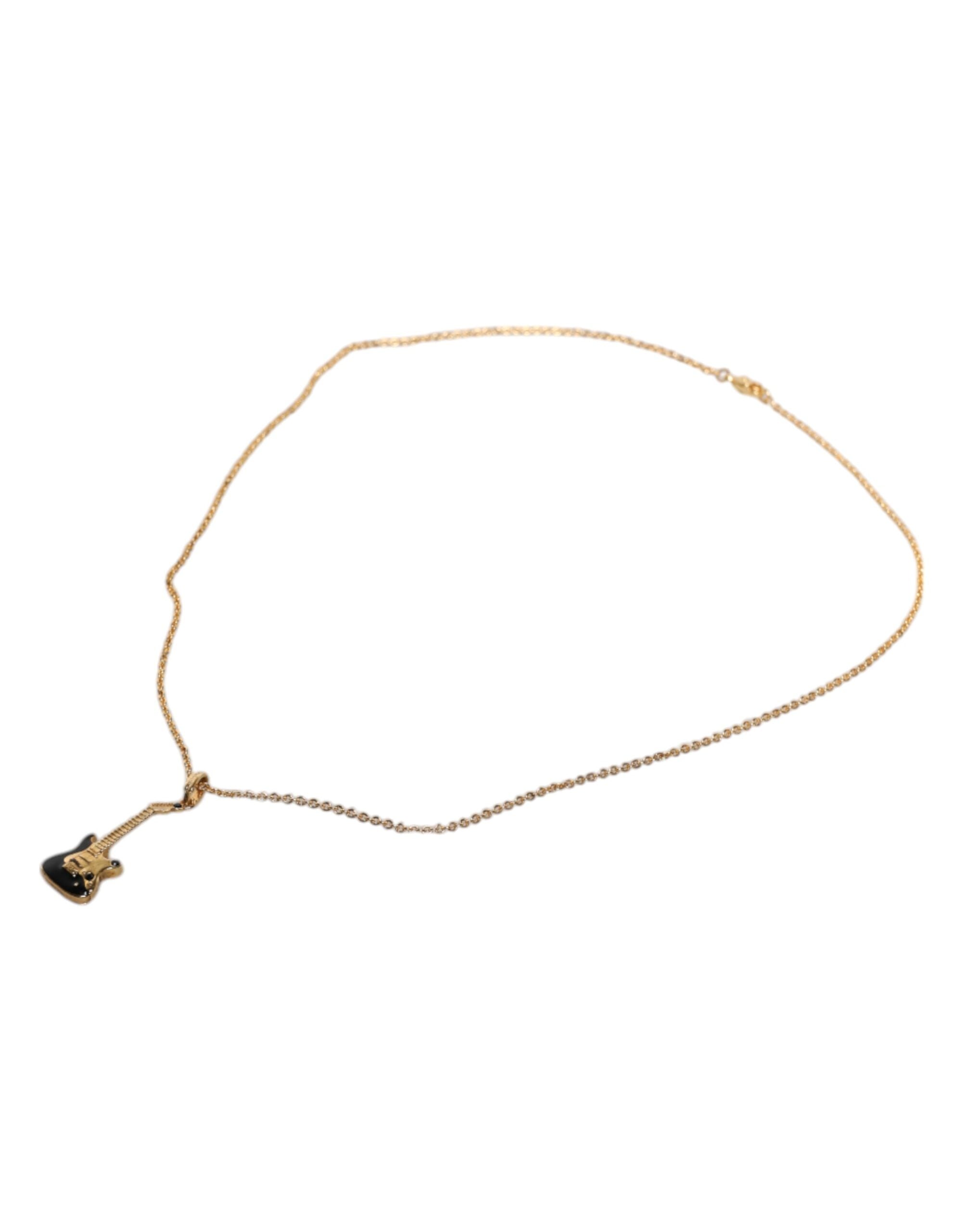 Gold Tone Chain Brass Crystal Guitar Pendant Necklace