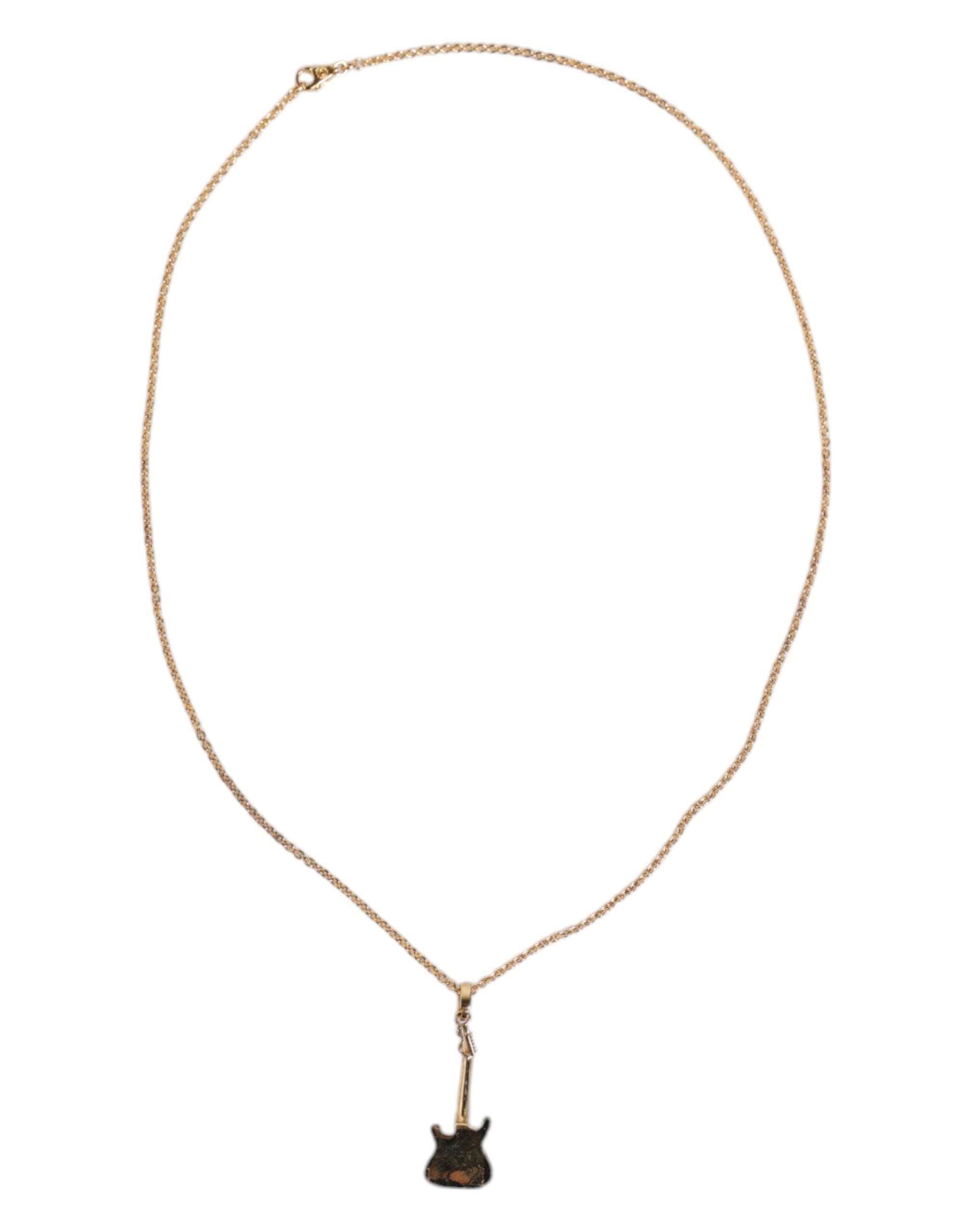 Gold Tone Chain Brass Crystal Guitar Pendant Necklace