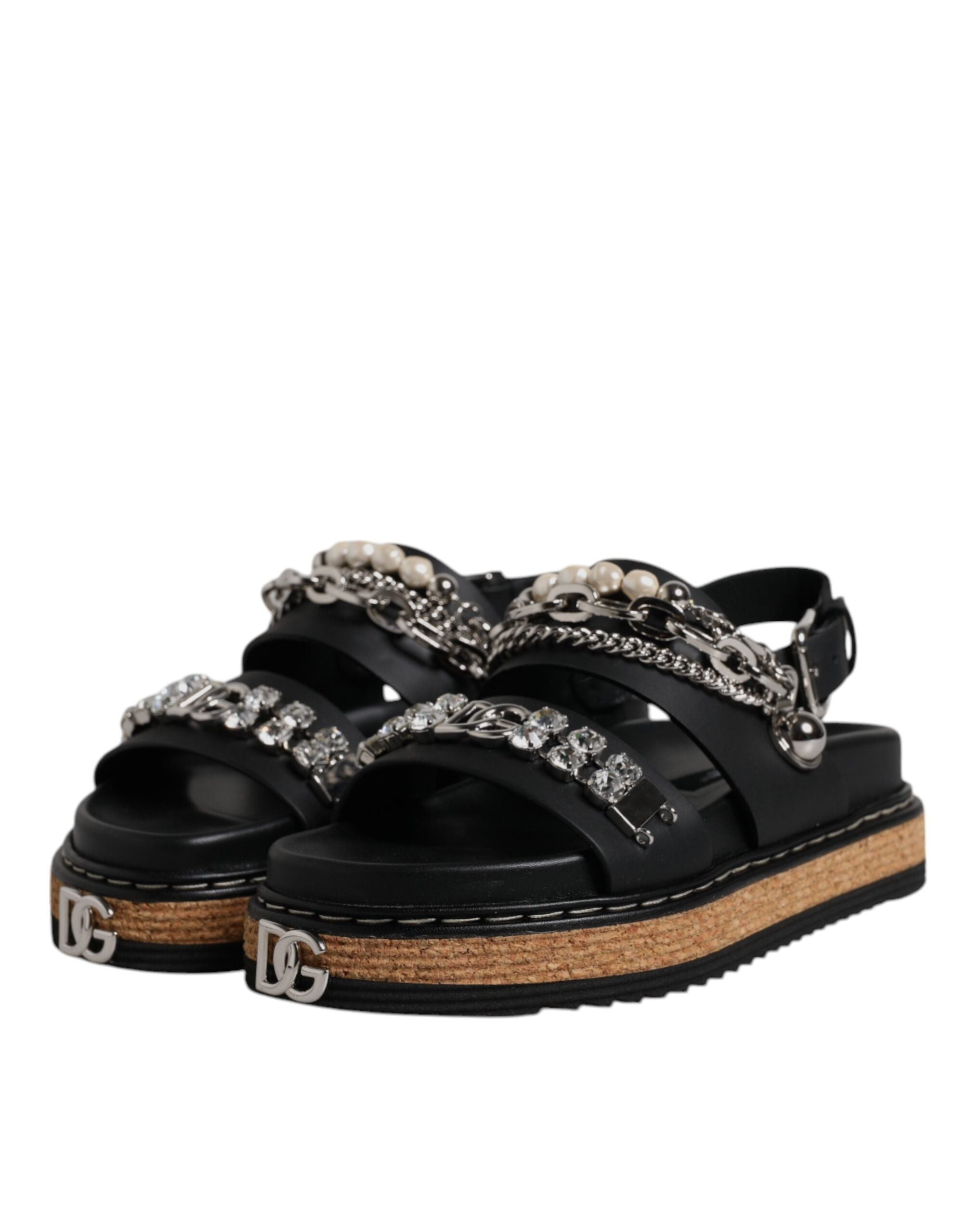 Black Crystal Embellish Strap Sandals Shoes
