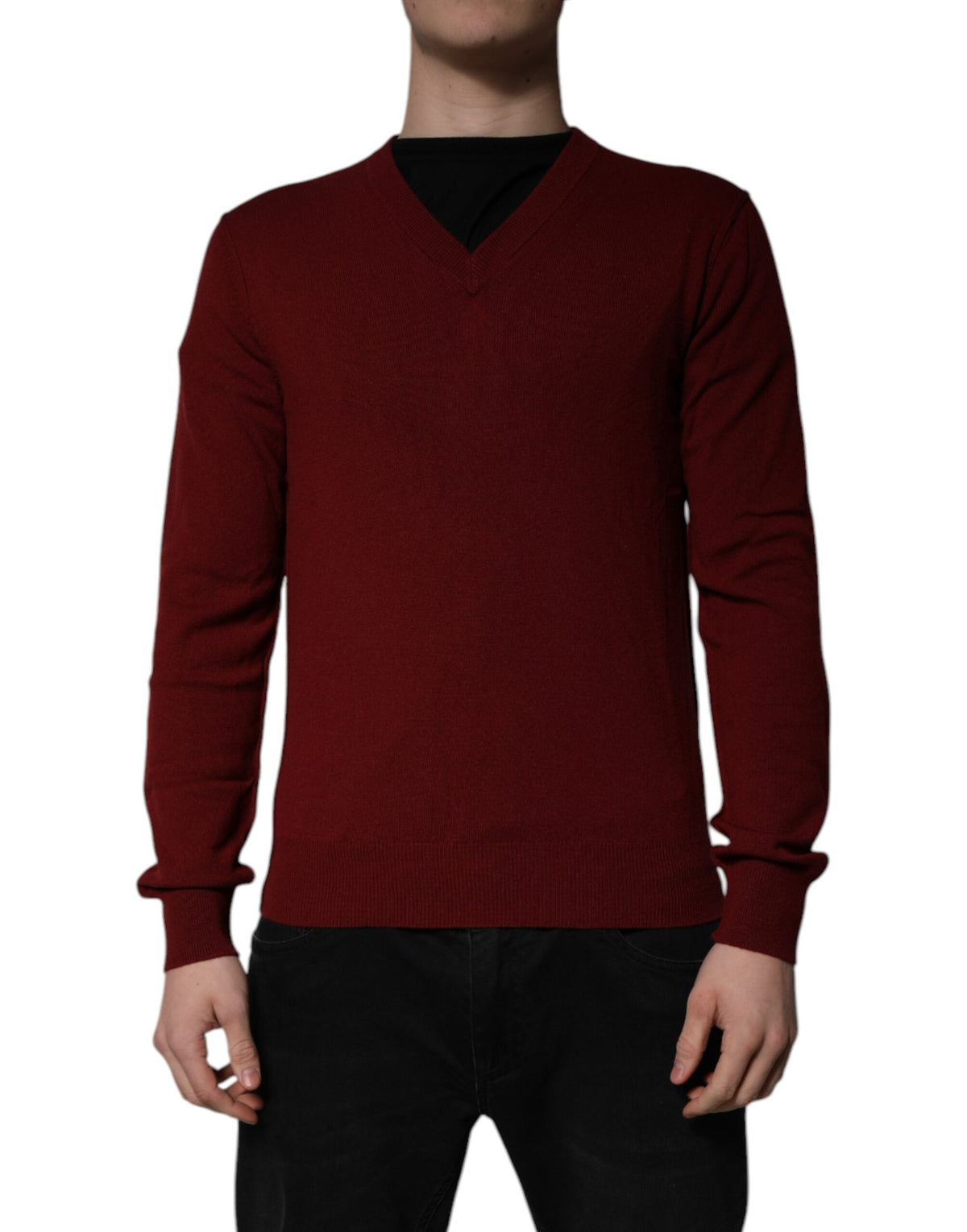 Dolce & Gabbana Maroon Cashmere V-neck Men Pullover Sweater