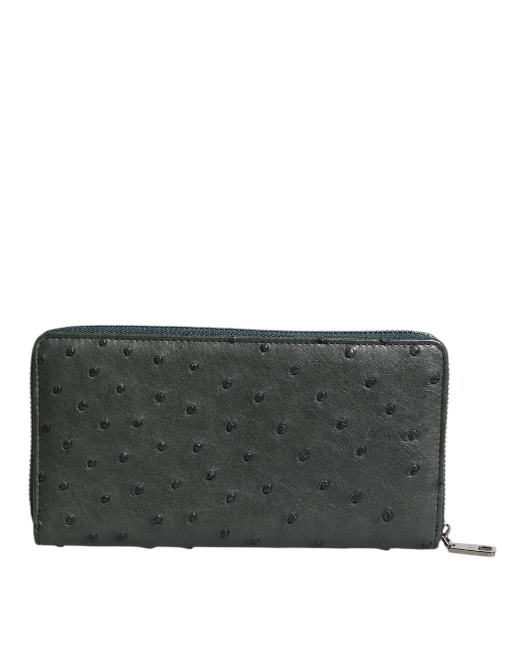 Dolce & Gabbana Green Ostrich Logo Plaque Zip Around Continental Wallet