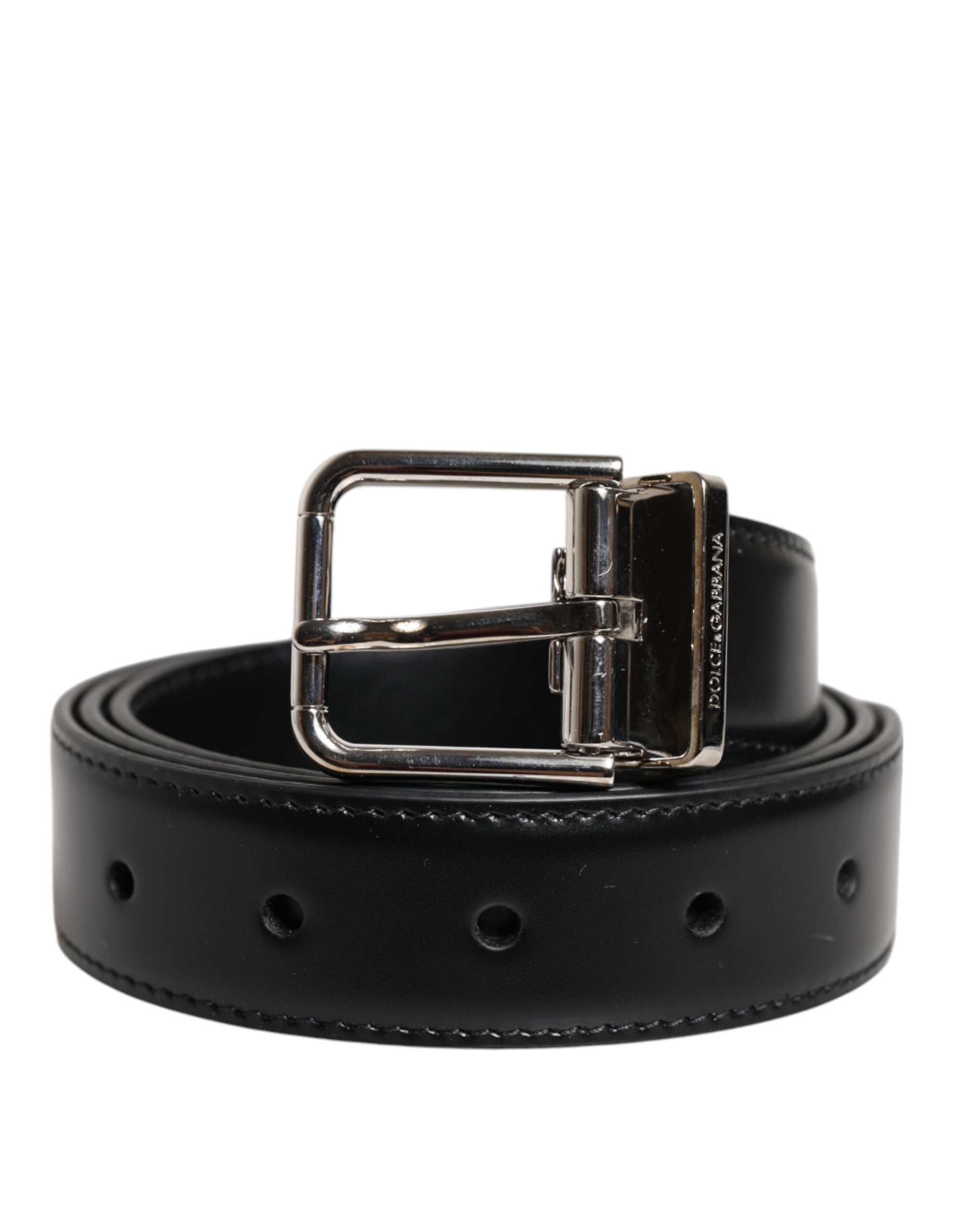 Black Calf Leather Silver Metal Buckle Belt