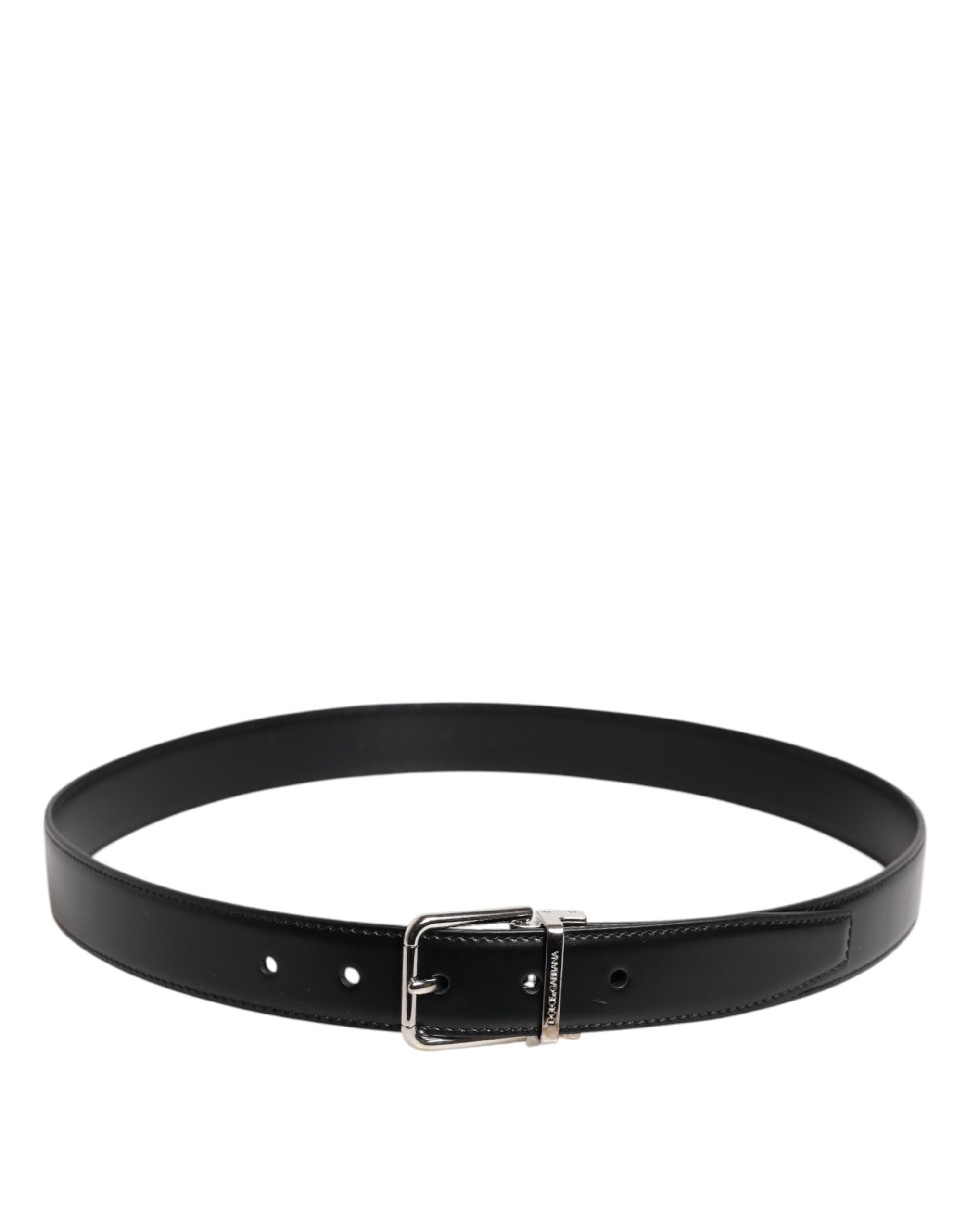 Black Calf Leather Silver Metal Buckle Belt