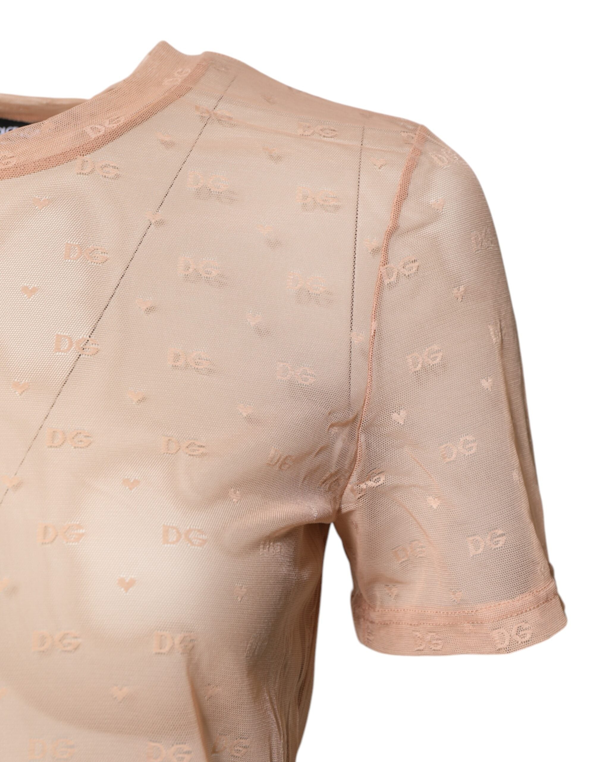 Beige Nylon Sheer Logo Monogram Crew Neck Top