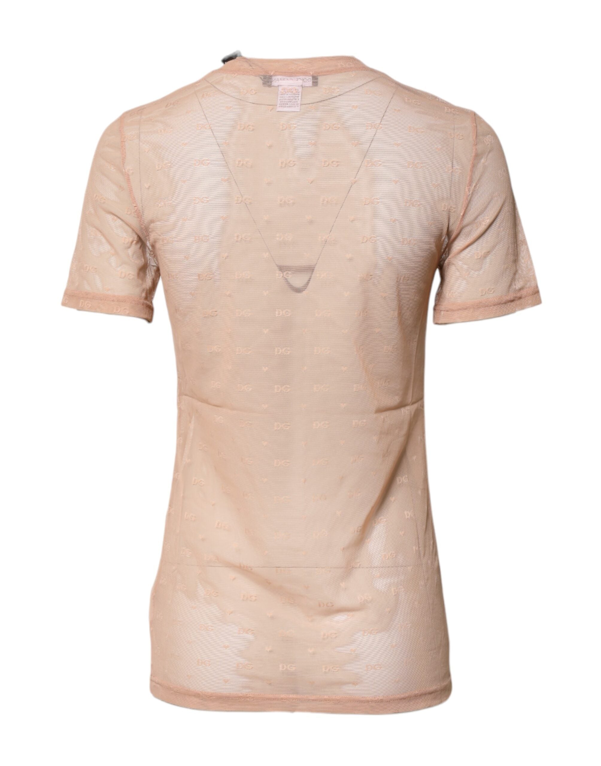 Beige Nylon Sheer Logo Monogram Crew Neck Top