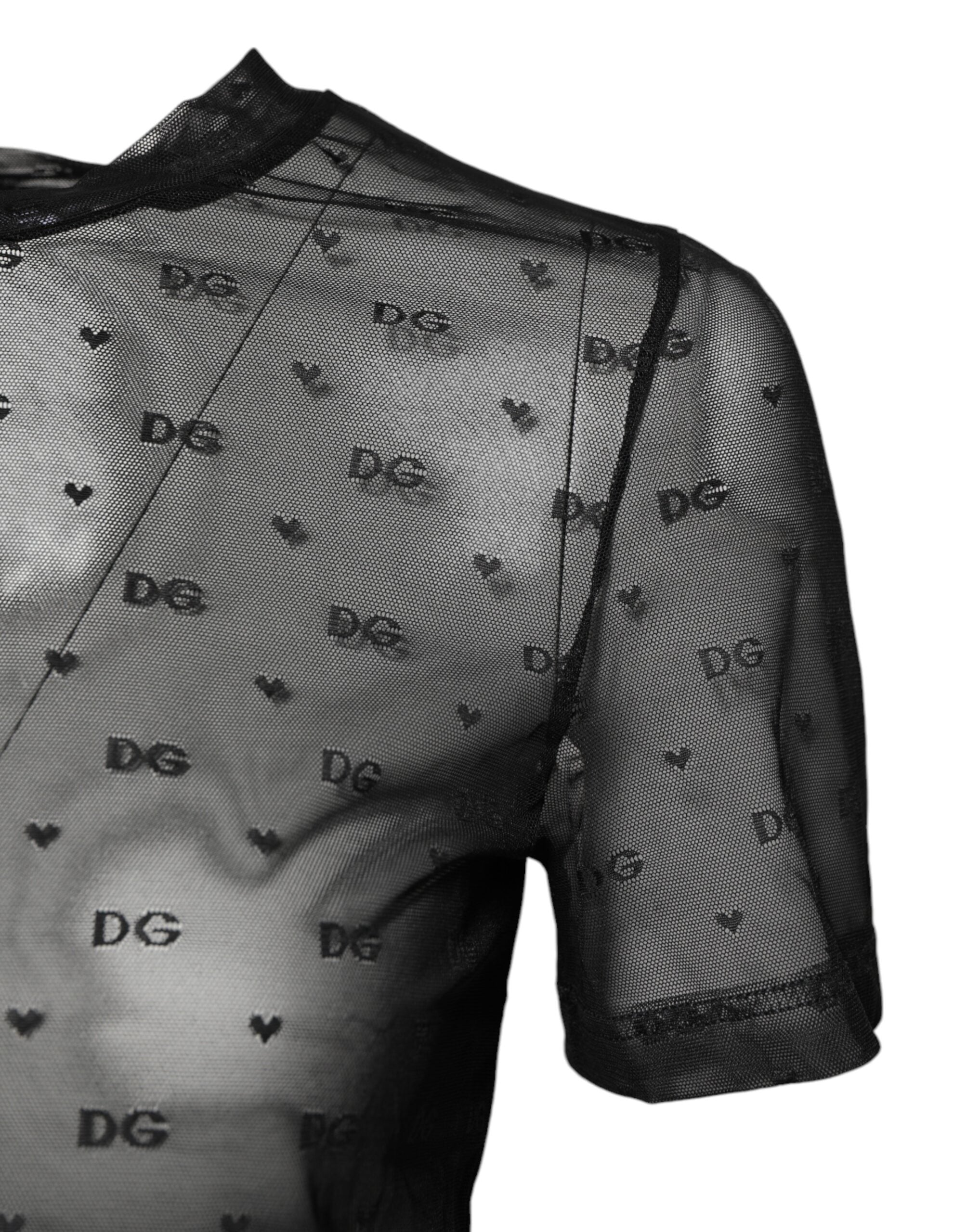 Black Nylon Sheer Logo Monogram Crew Neck Top